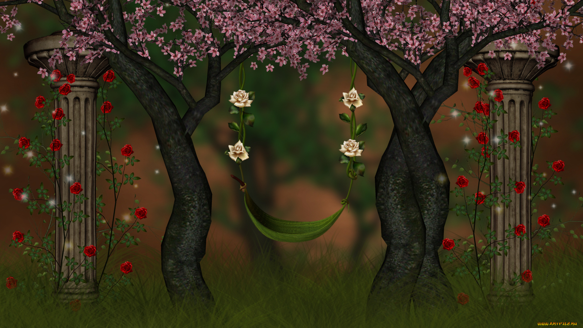 рисованное, природа, деревья, цветы