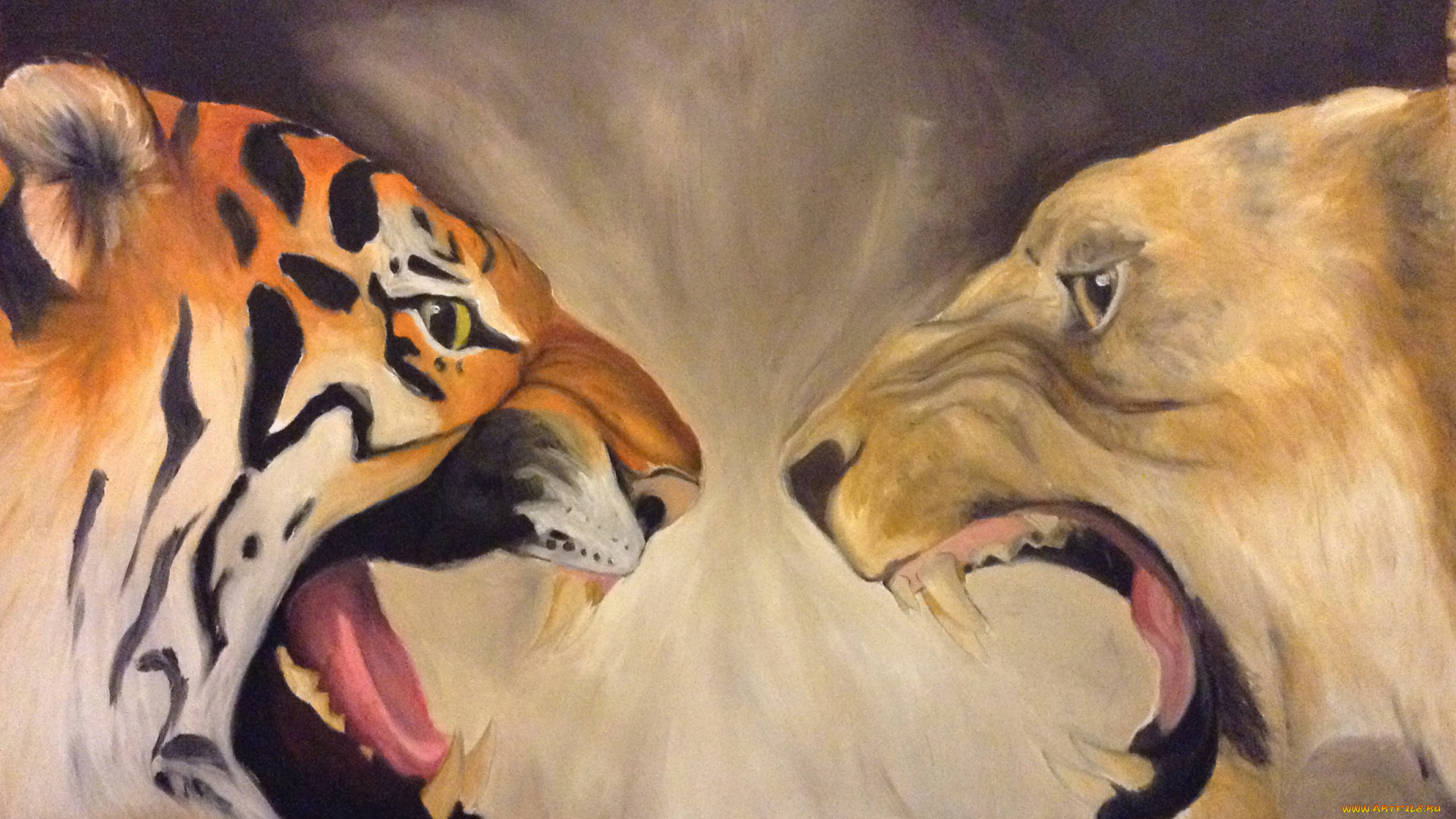 рисованное, животные, фон, тигр, оскал, медведь