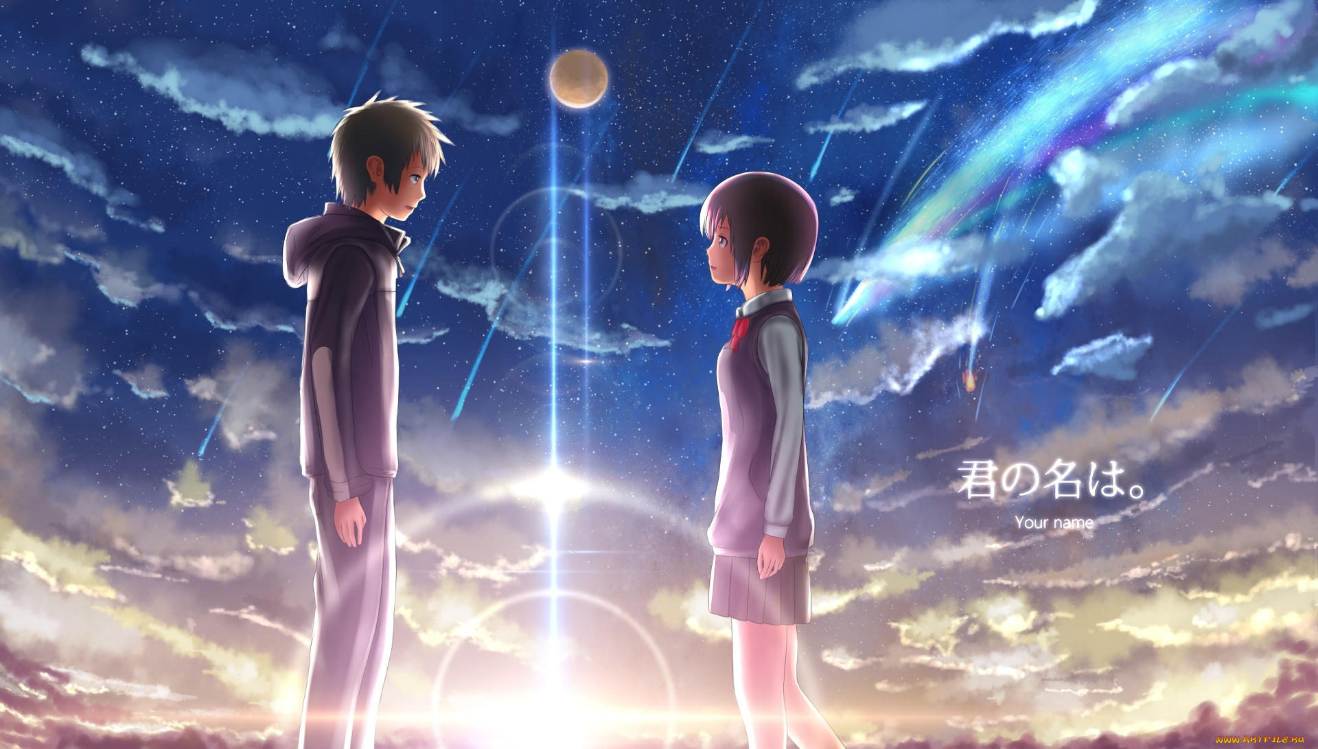 аниме, kimi, no, na, wa, девушка, парень, фон, взгляд