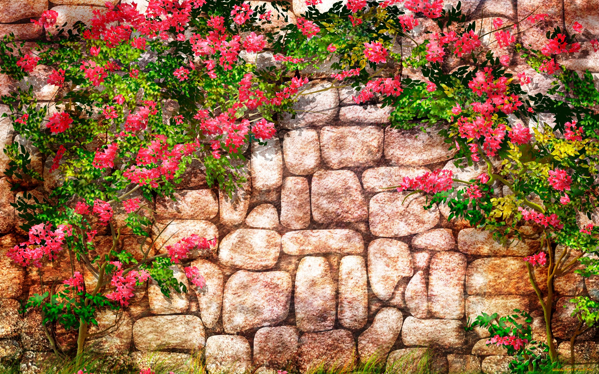 рисованное, цветы, арка, стена