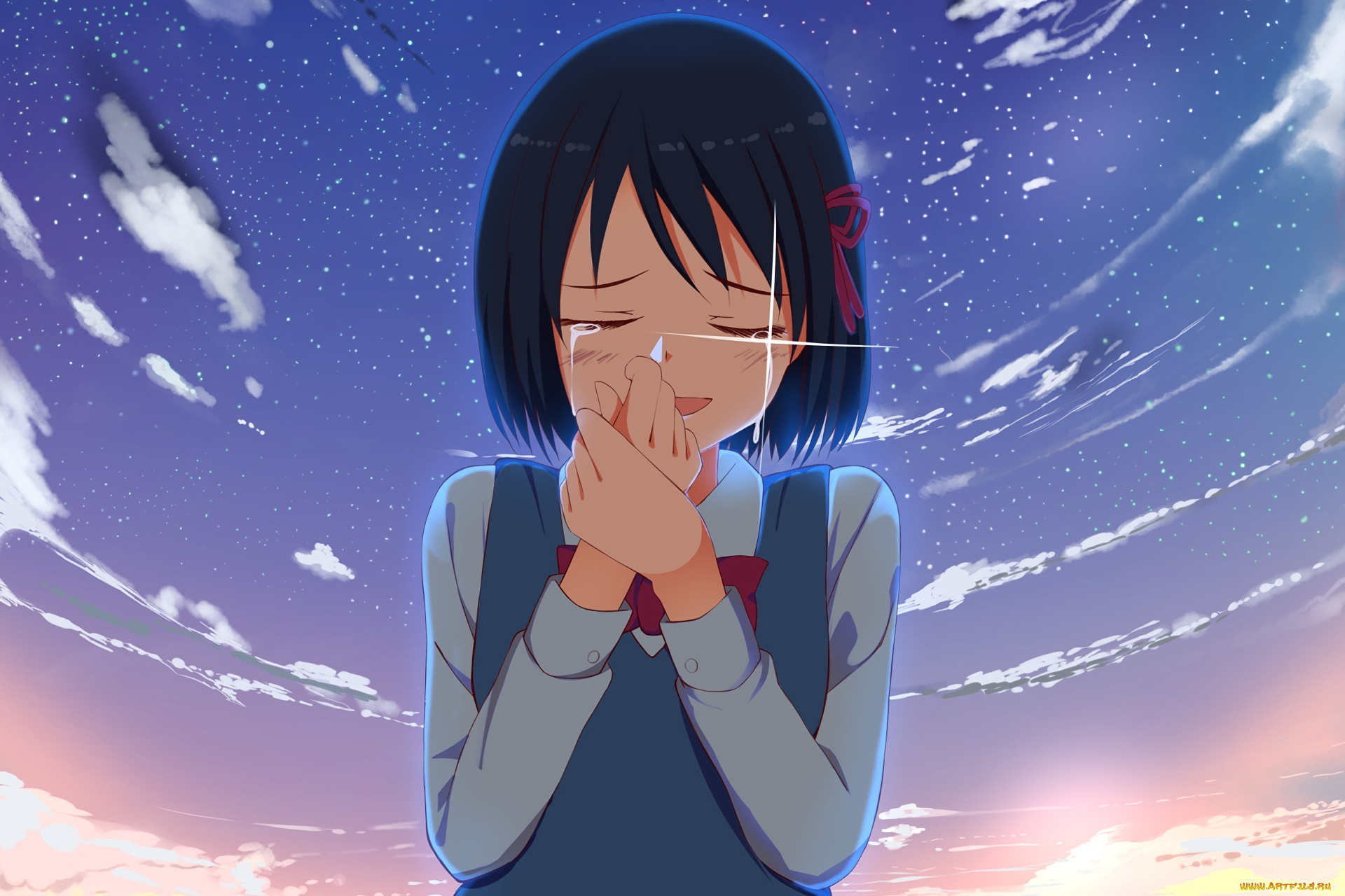 аниме, kimi, no, na, wa, взгляд, девушка, фон