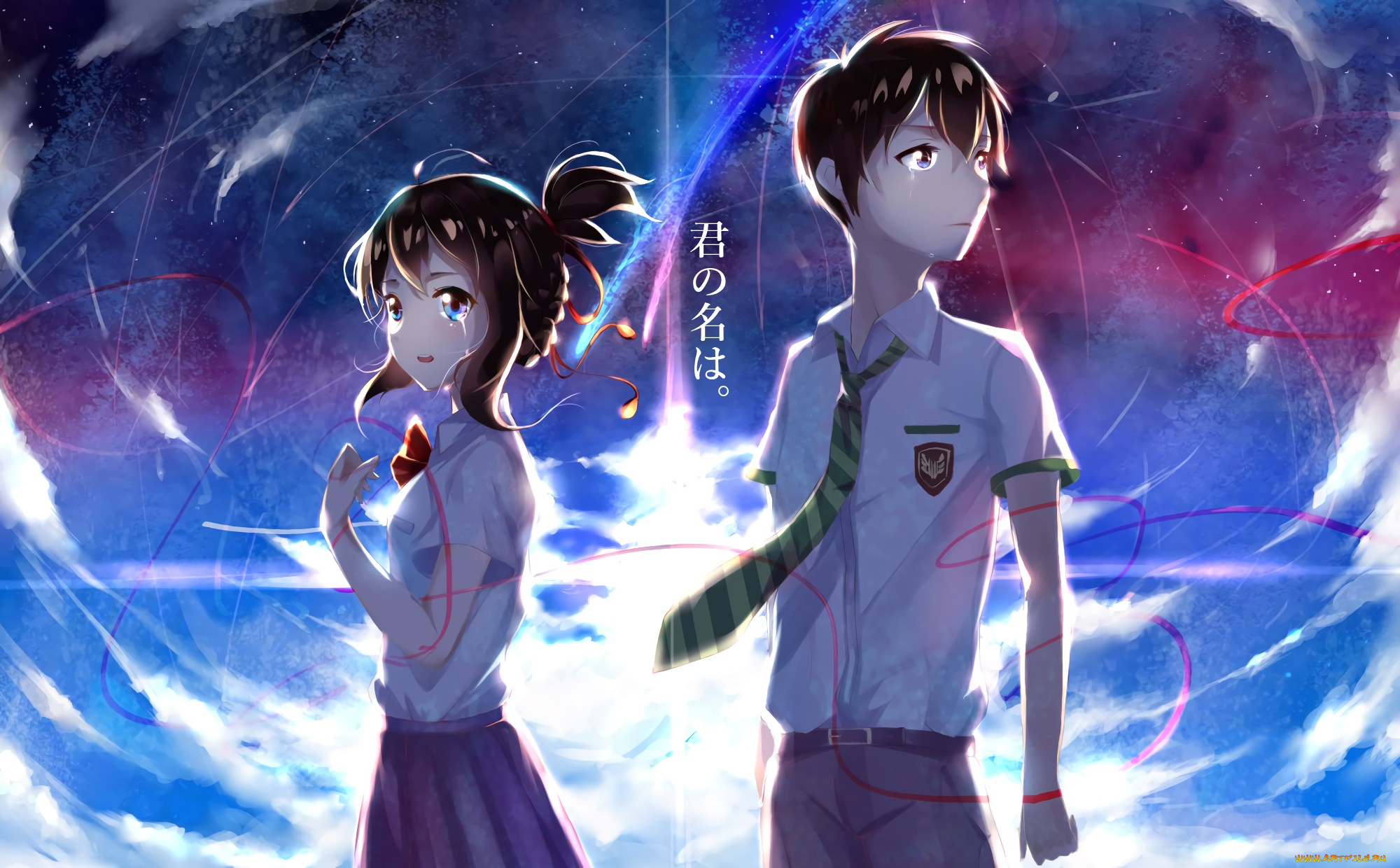 аниме, kimi, no, na, wa, парень, фон, взгляд, девушка