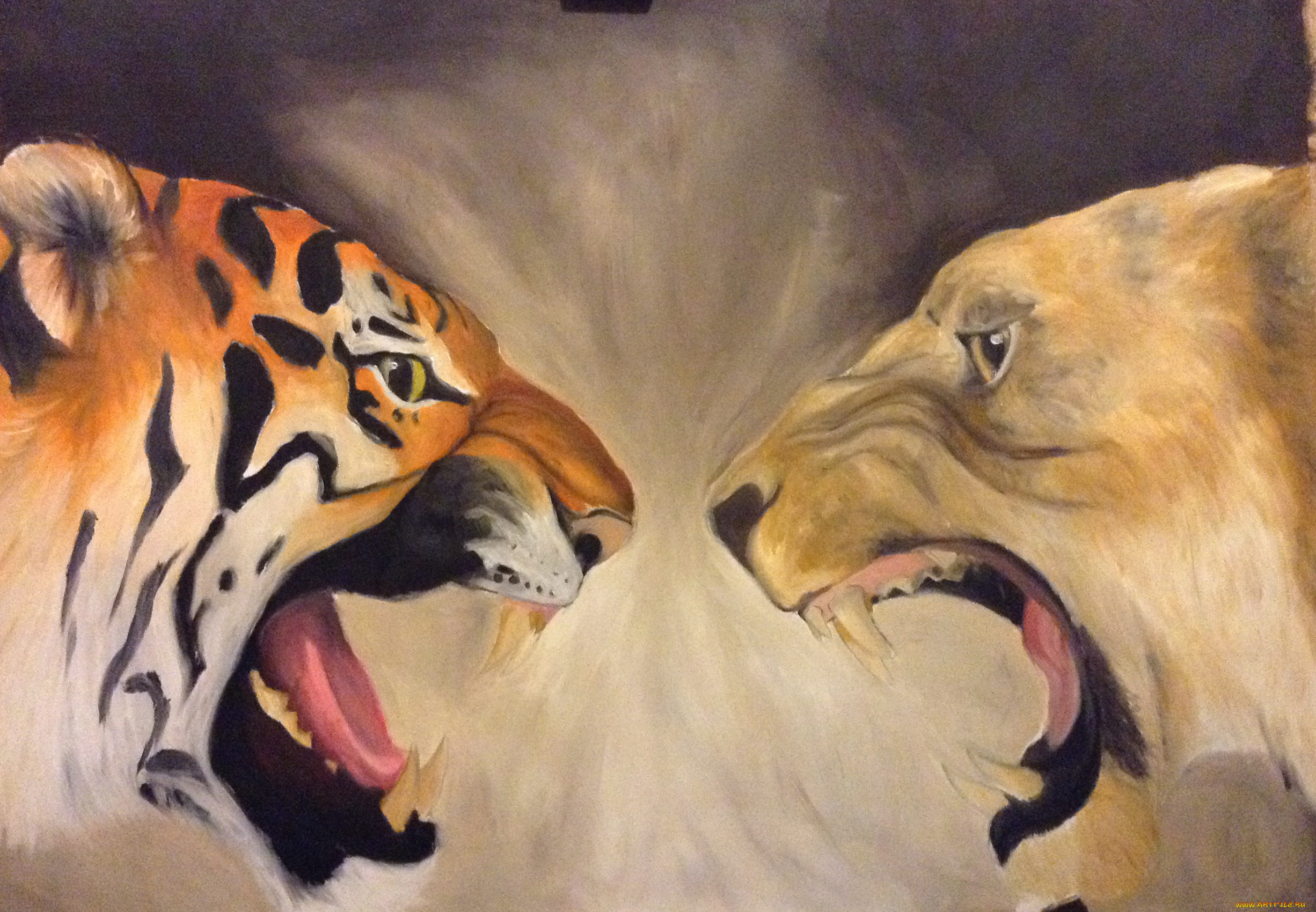 рисованное, животные, фон, тигр, оскал, медведь