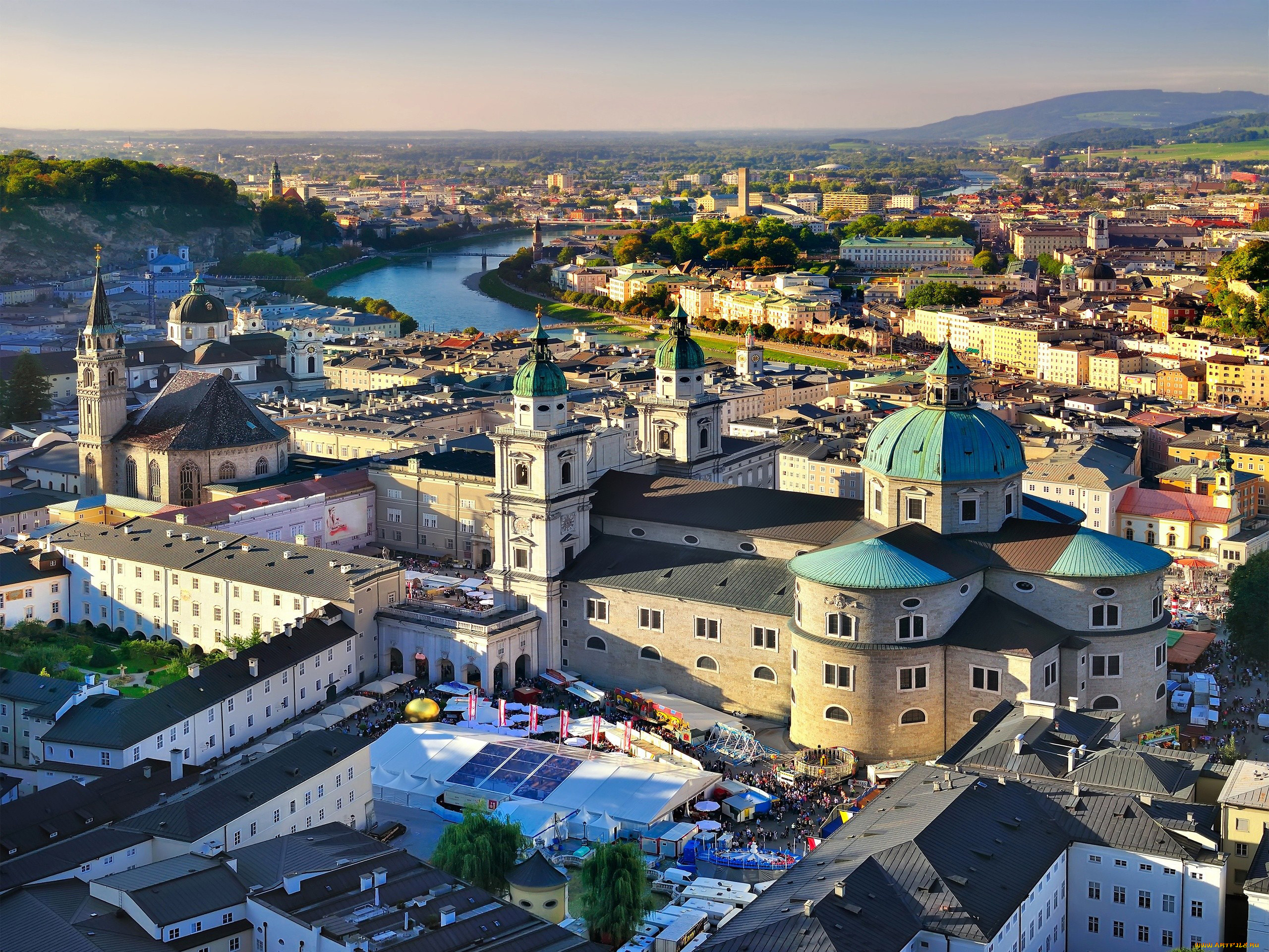 города, зальцбург, , австрия, панорама, река