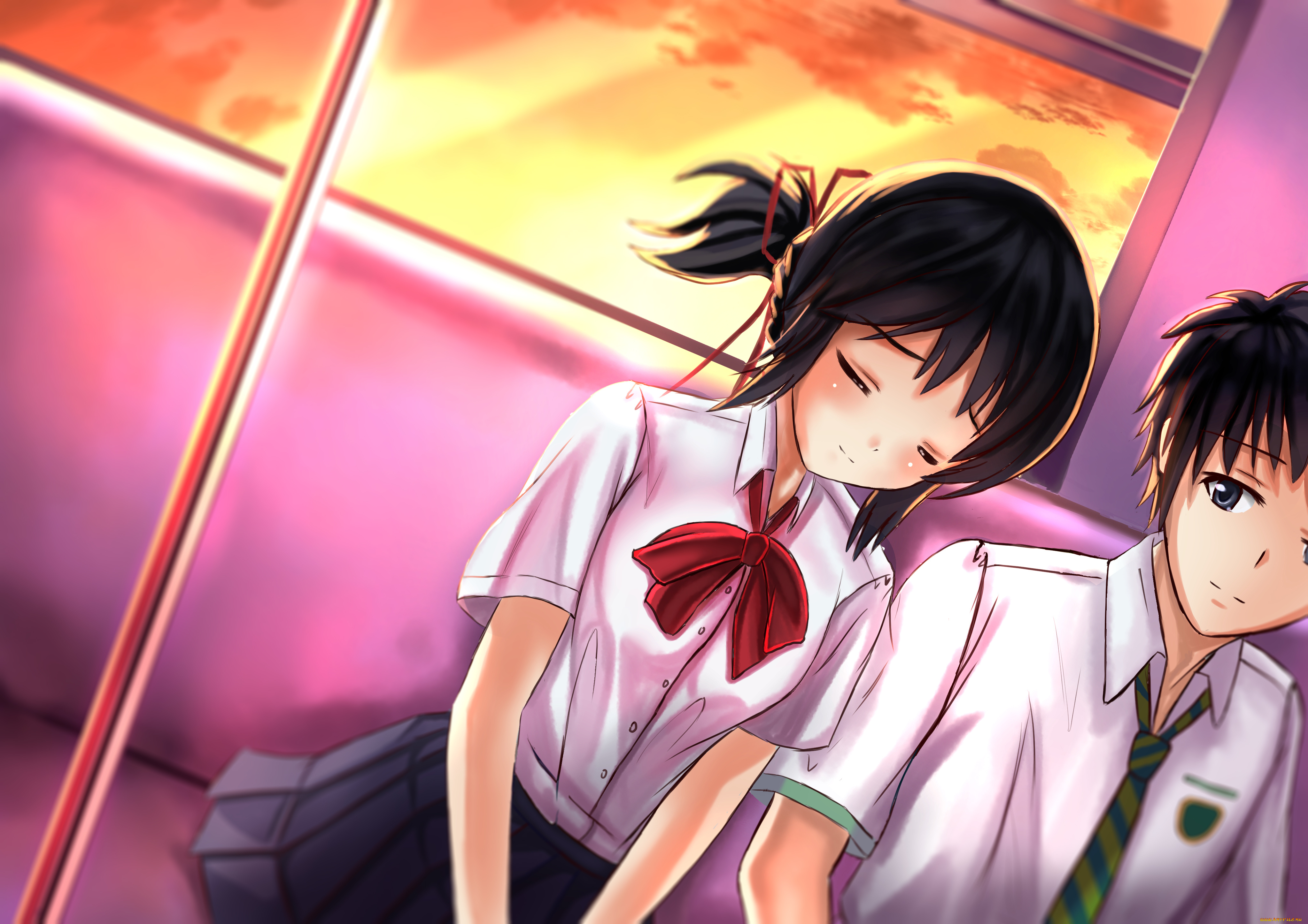 аниме, kimi, no, na, wa, парень, фон, взгляд, девушка