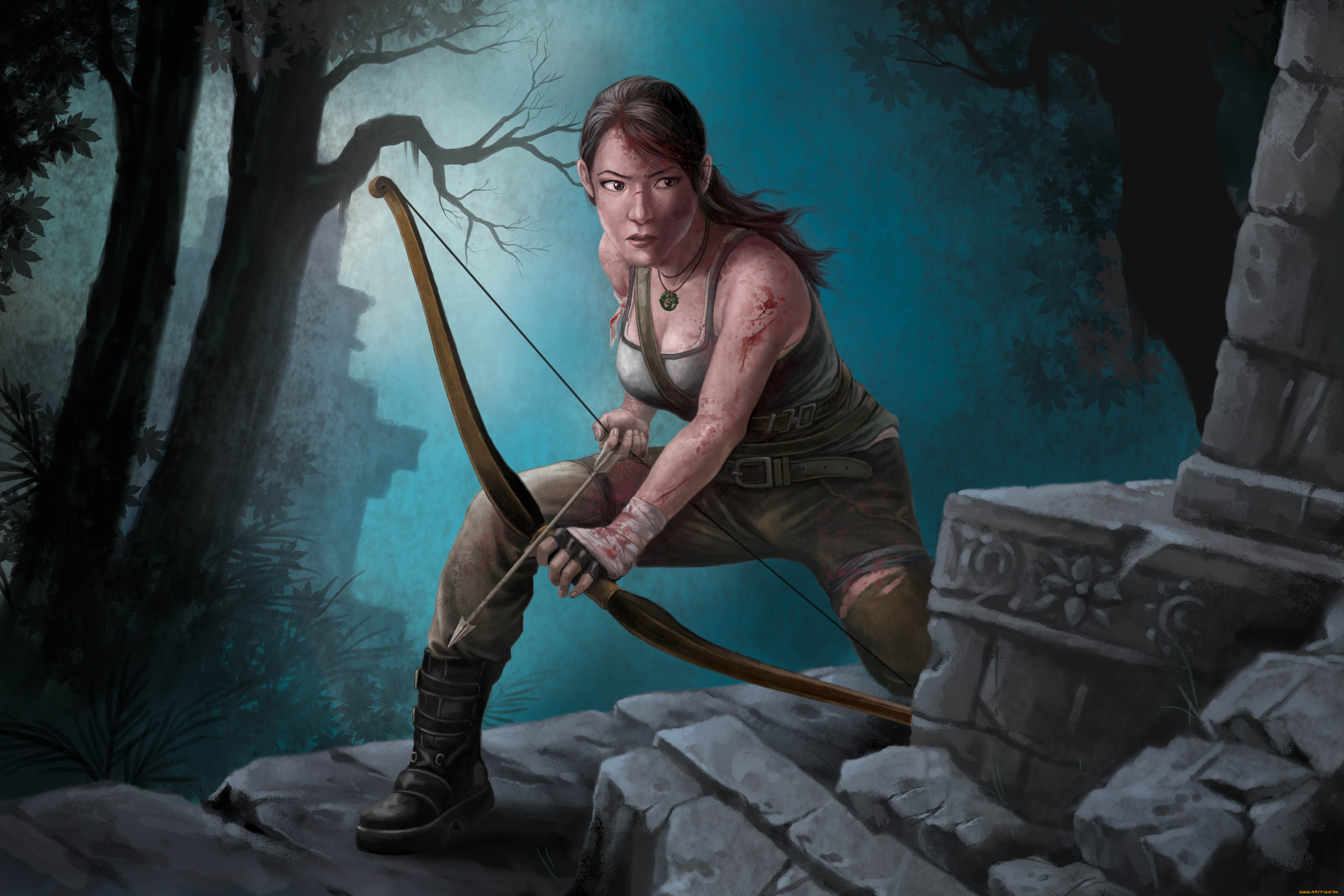 рисованное, комиксы, лук, девушка, стрела, взгляд, фон