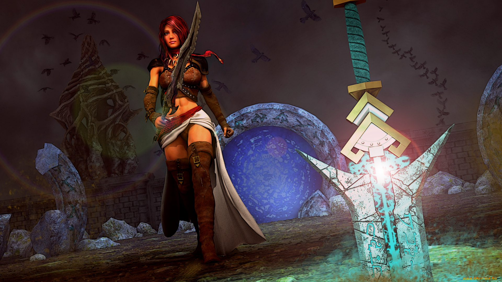 3д, графика, фантазия, , fantasy, меч, взгляд, фон, девушка