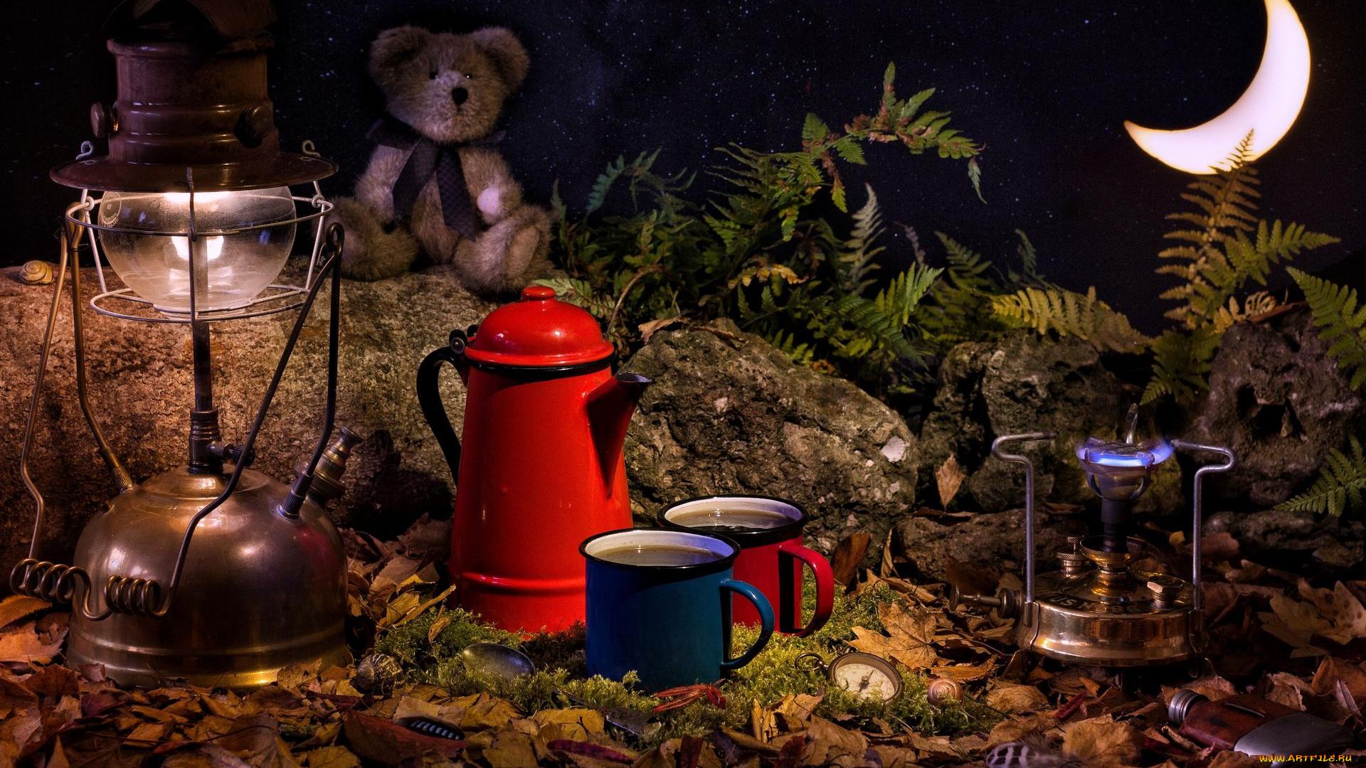 еда, натюрморт, чайник, лампа, месяц