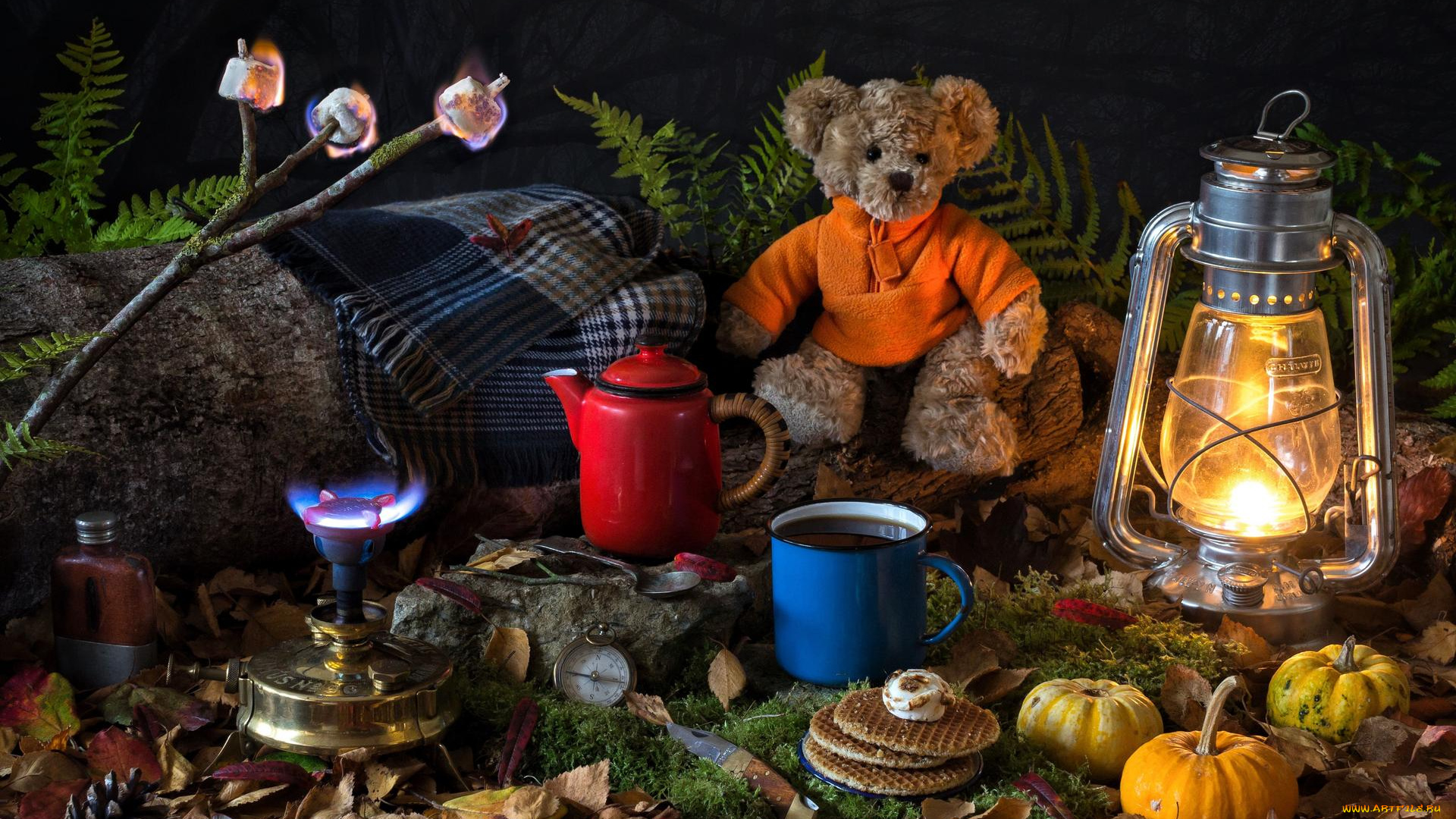 еда, натюрморт, лампа, чайник, кружка, тыква