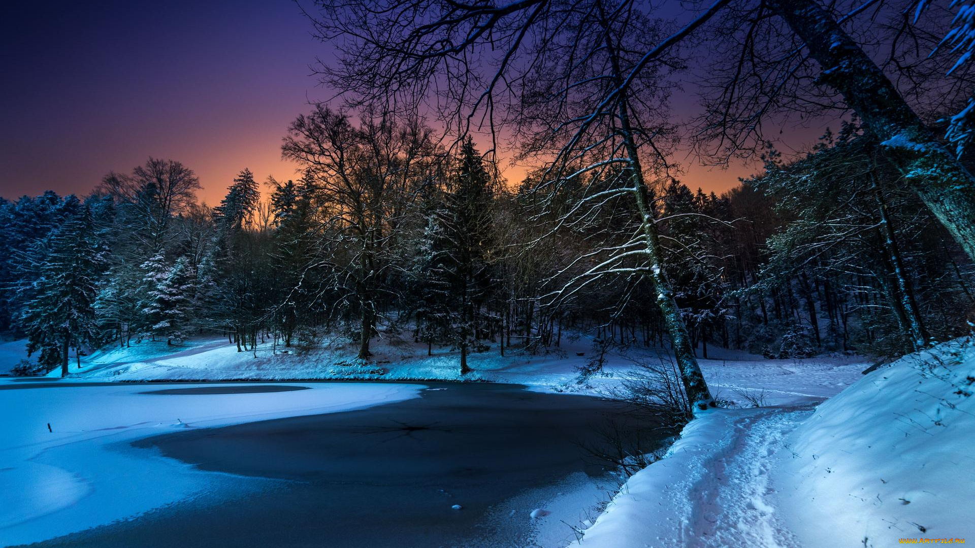 природа, реки, озера, закат, озеро, зима, снег, лес