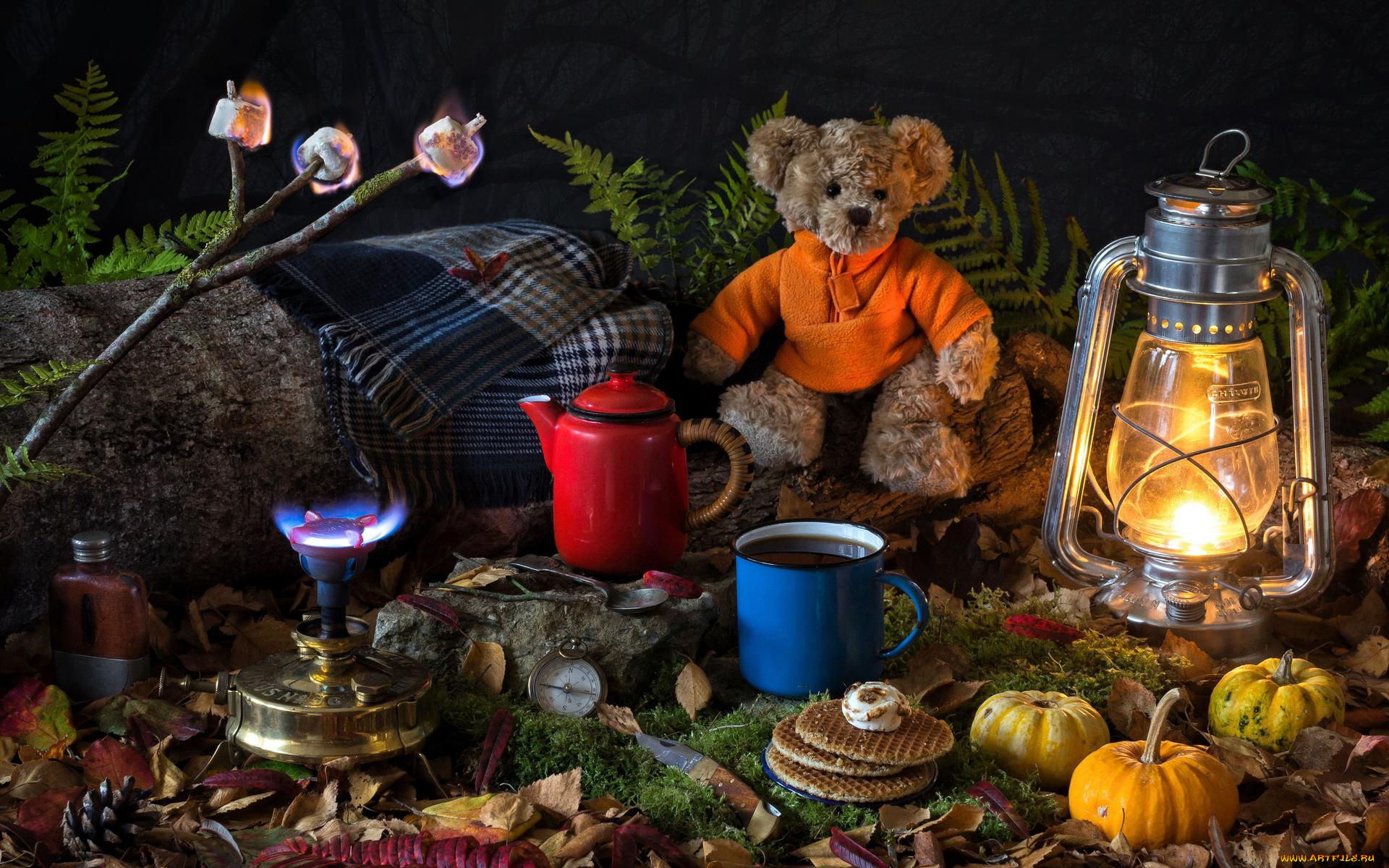 еда, натюрморт, лампа, чайник, кружка, тыква