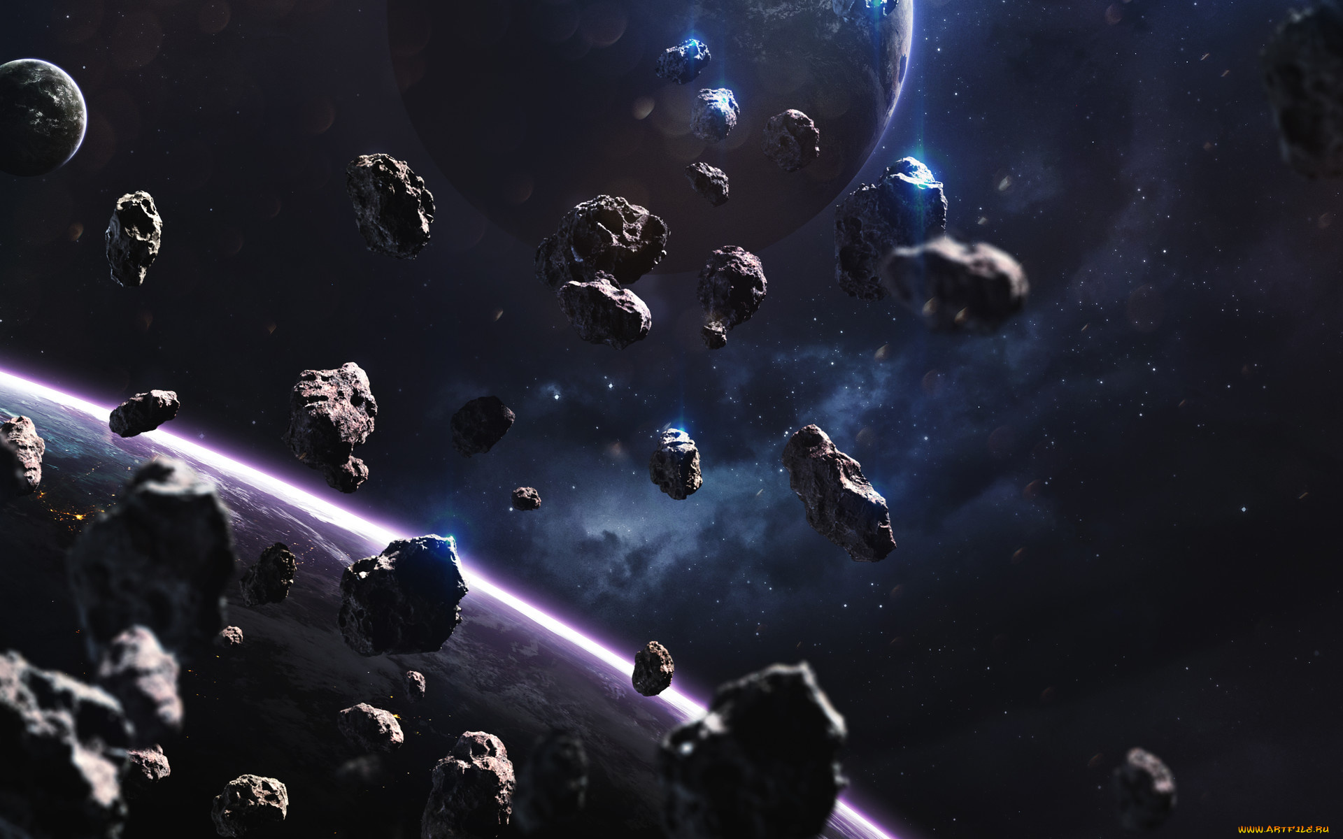 космос, арт, планета, вселенная, галактики, звезды, метеориты