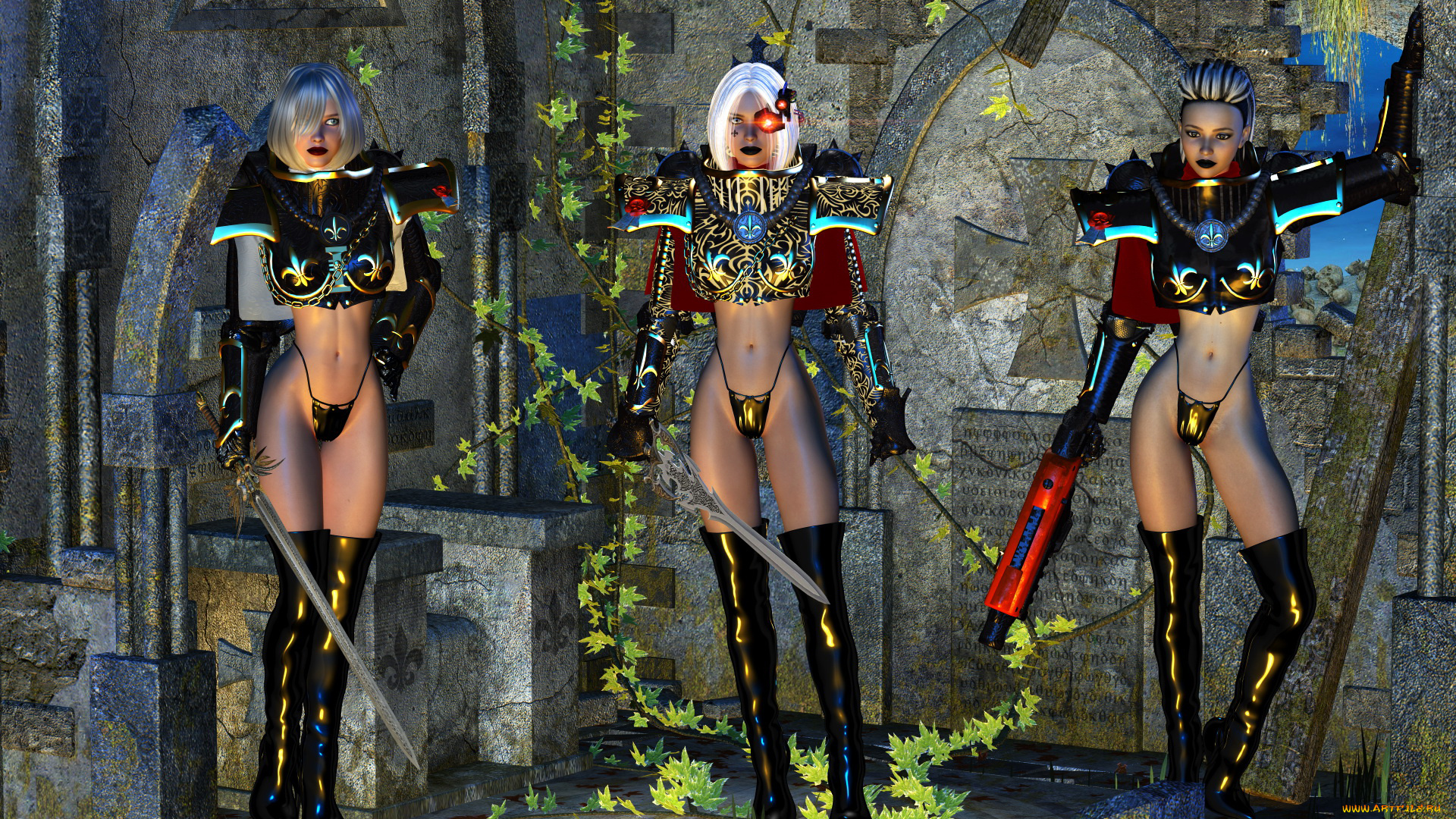 3д, графика, фантазия, , fantasy, девушки, фон, взгляд, униформа, оружие