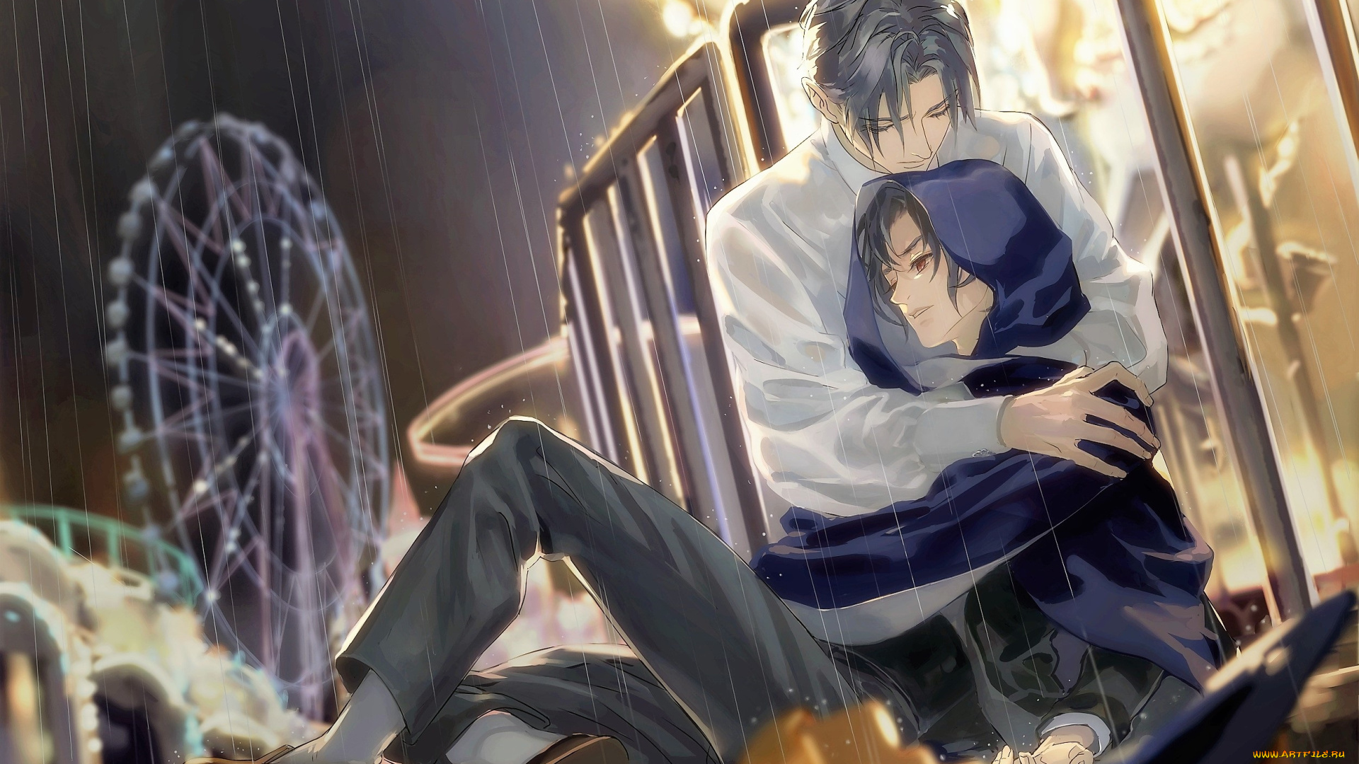 рисованное, люди, вэй, усянь, лань, ванцзы, плащ, дождь, парк