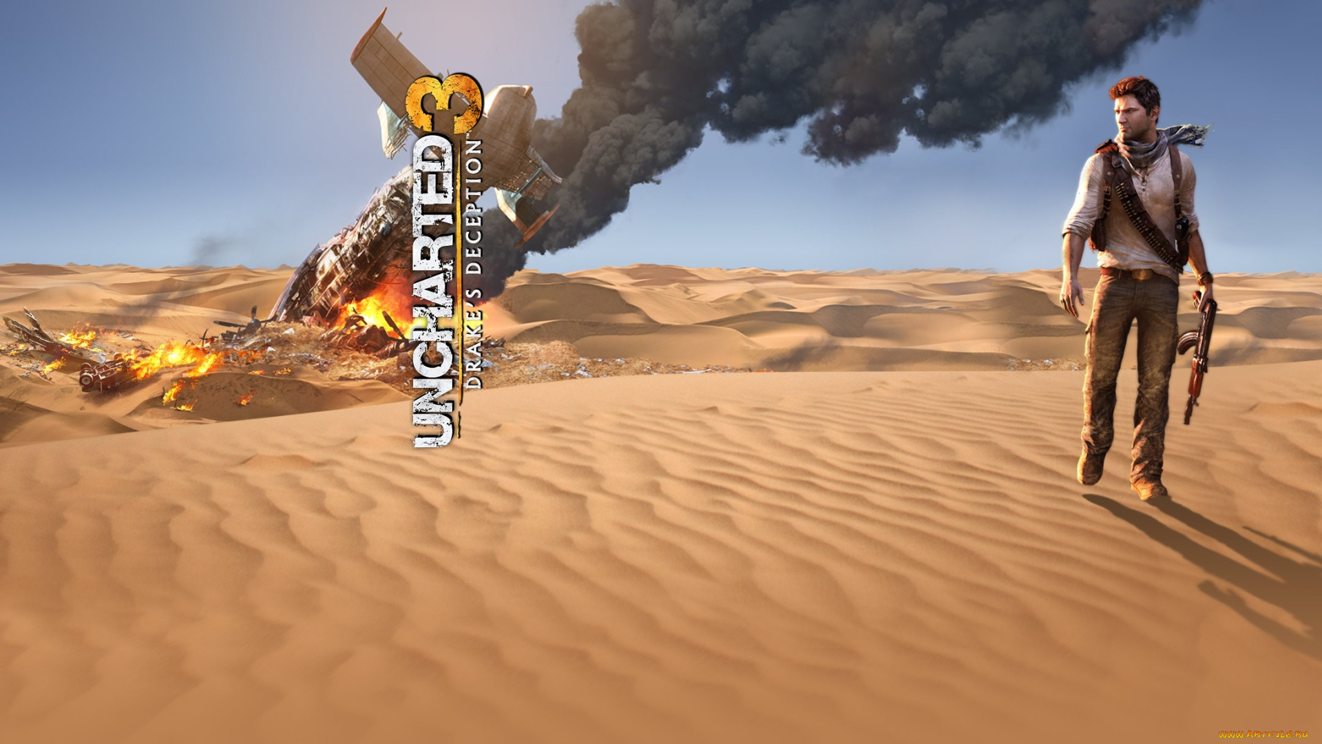видео, игры, uncharted, 3, , drake`s, deception, мужчина, автомат, пустыня, огонь
