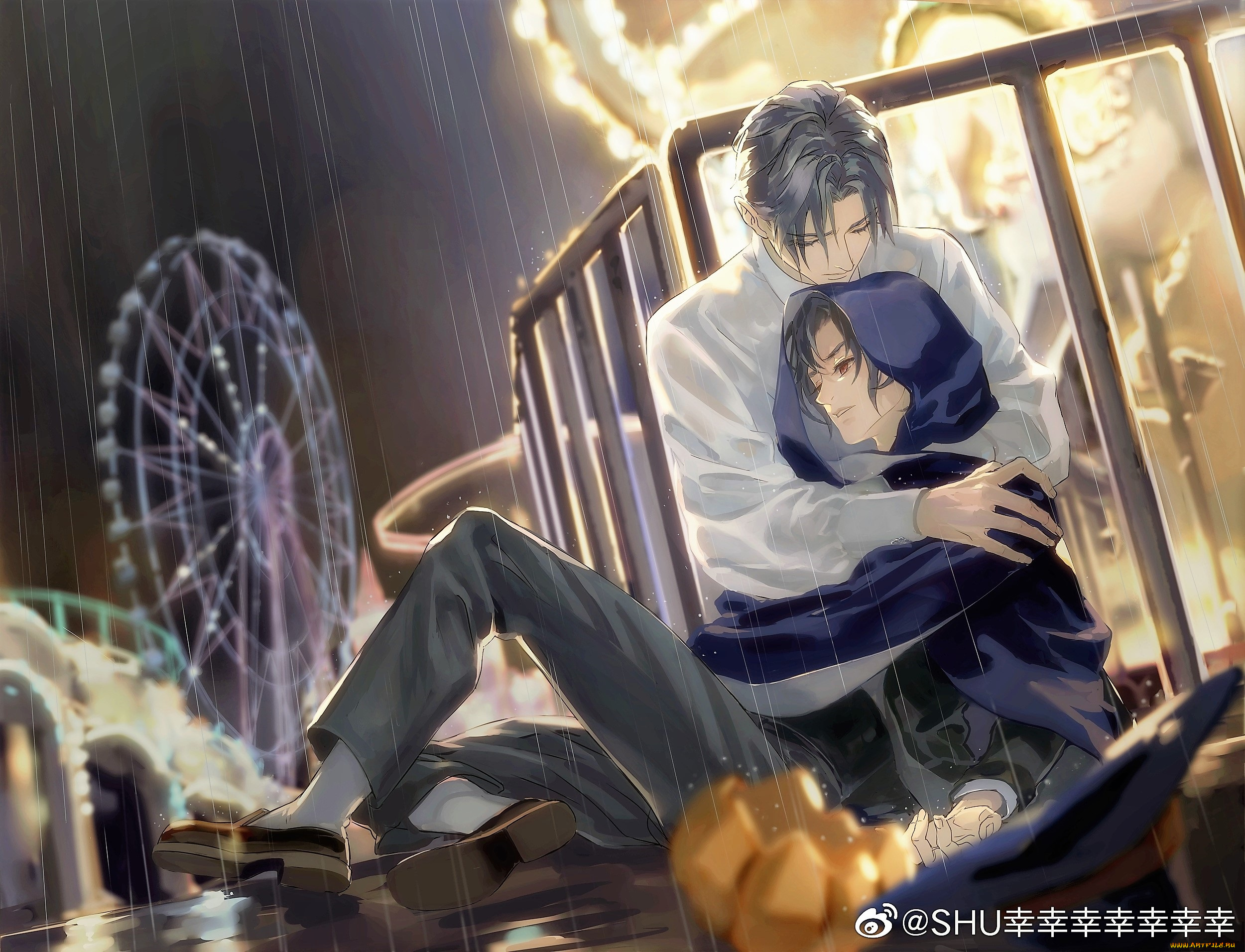 рисованное, люди, вэй, усянь, лань, ванцзы, плащ, дождь, парк