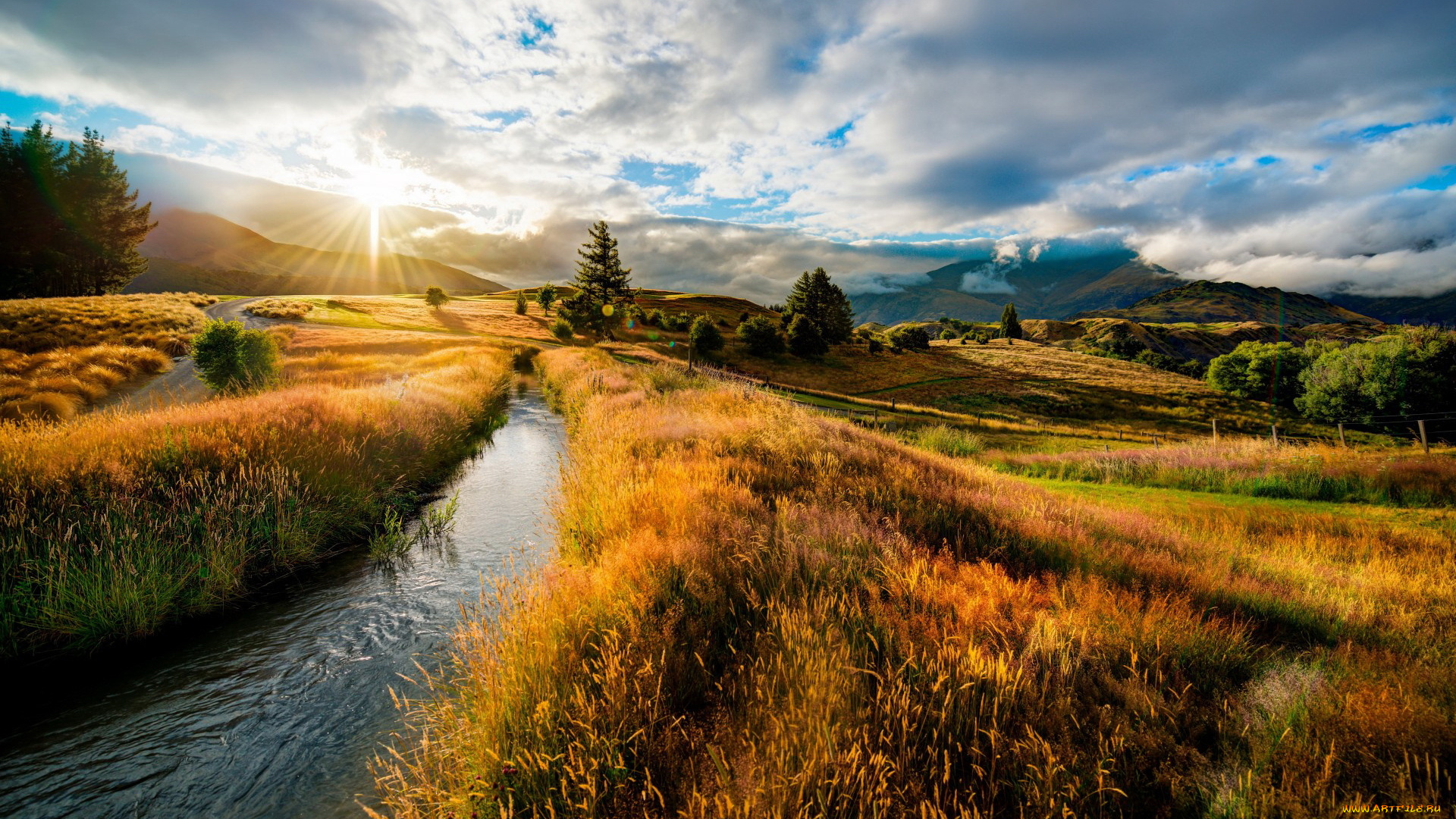 природа, реки, озера, ручей, поля, деревья, горы, облака