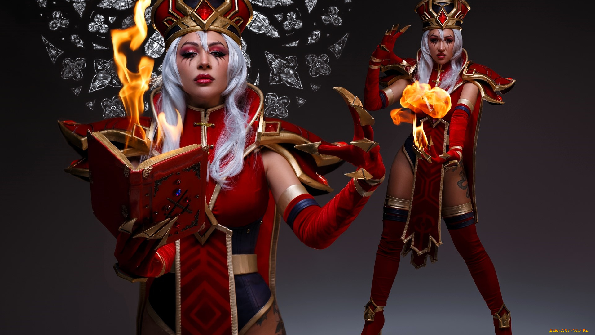 девушки, ольга, кожевникова, , lady, bell, образ, косплей, наряд, костюм, посох, корона, книга, огонь