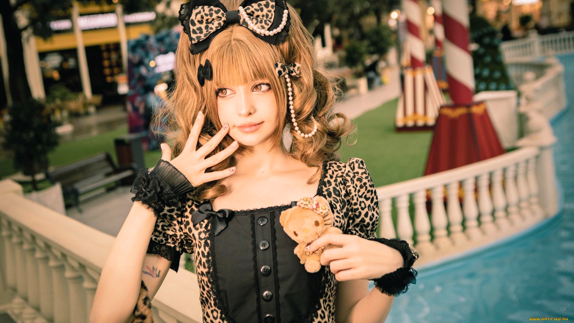 девушки, tenletters, образ, косплей, наряд, костюм, бантик, игрушка, парк, бассейн