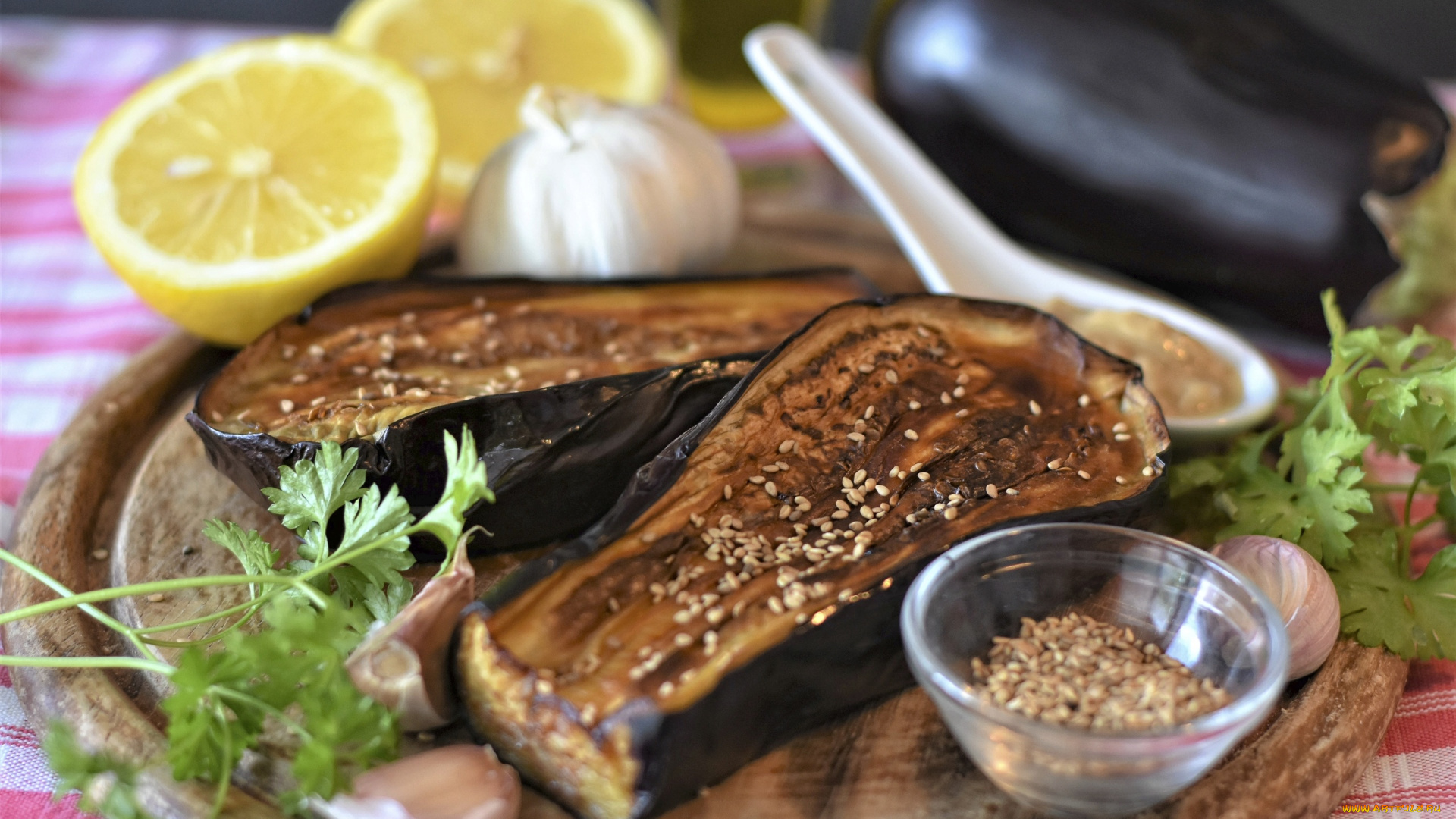 еда, баклажаны, запеченные, чеснок, лимон