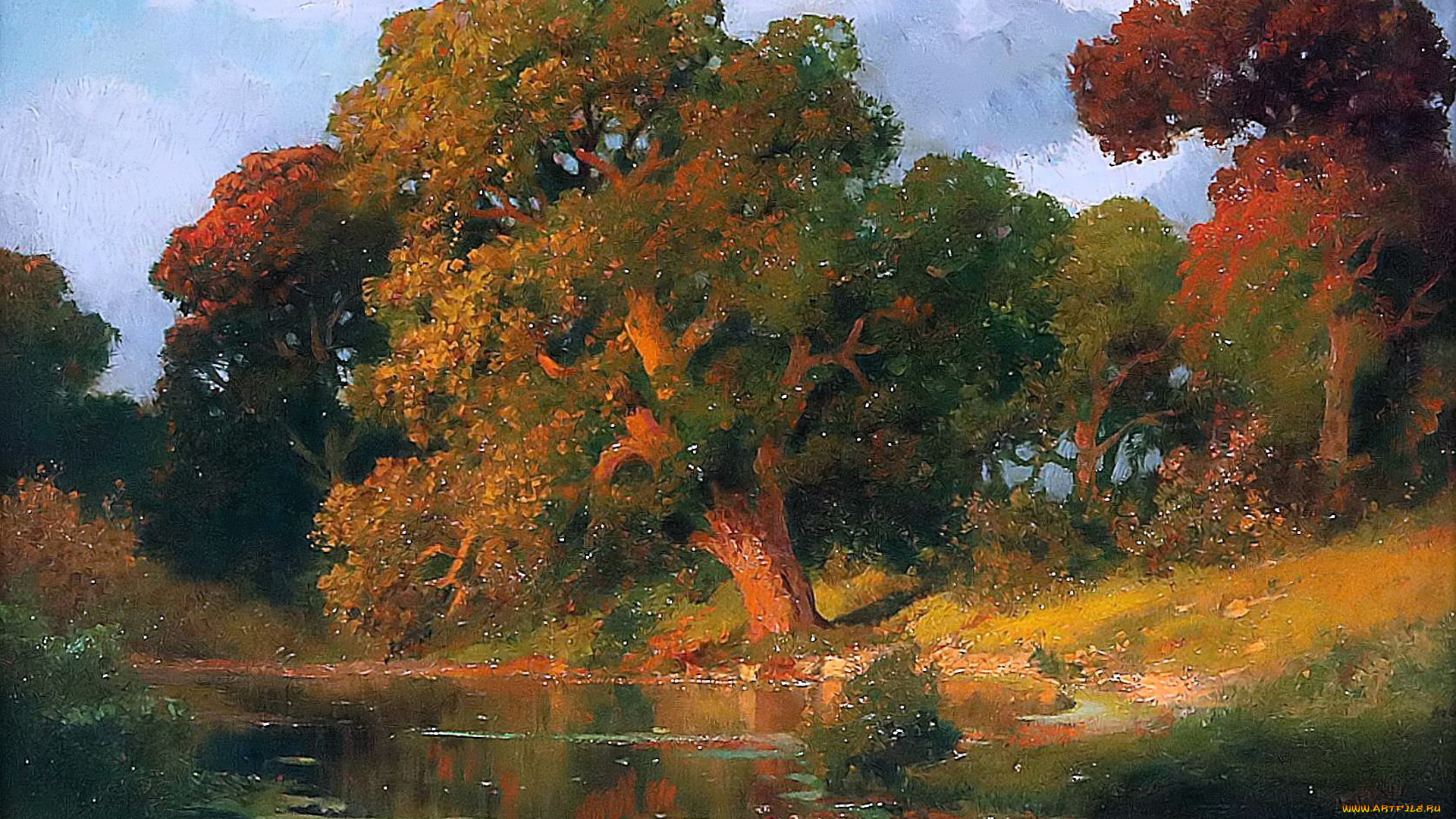 рисованное, alois, arnegger, деревья, осень, река