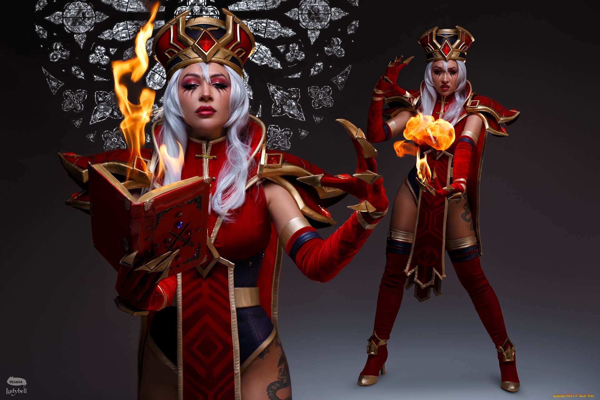 девушки, ольга, кожевникова, , lady, bell, образ, косплей, наряд, костюм, посох, корона, книга, огонь