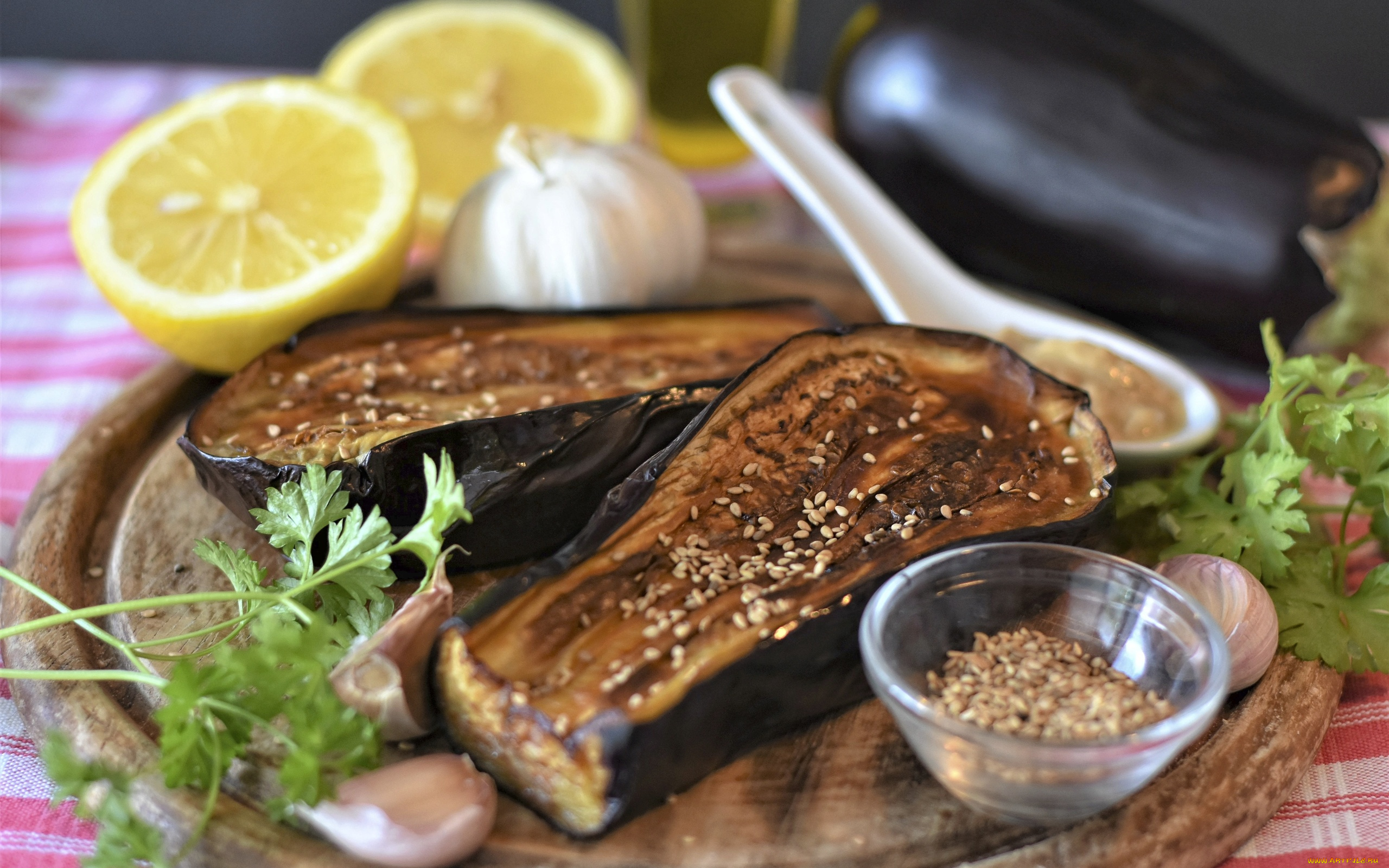 еда, баклажаны, запеченные, чеснок, лимон