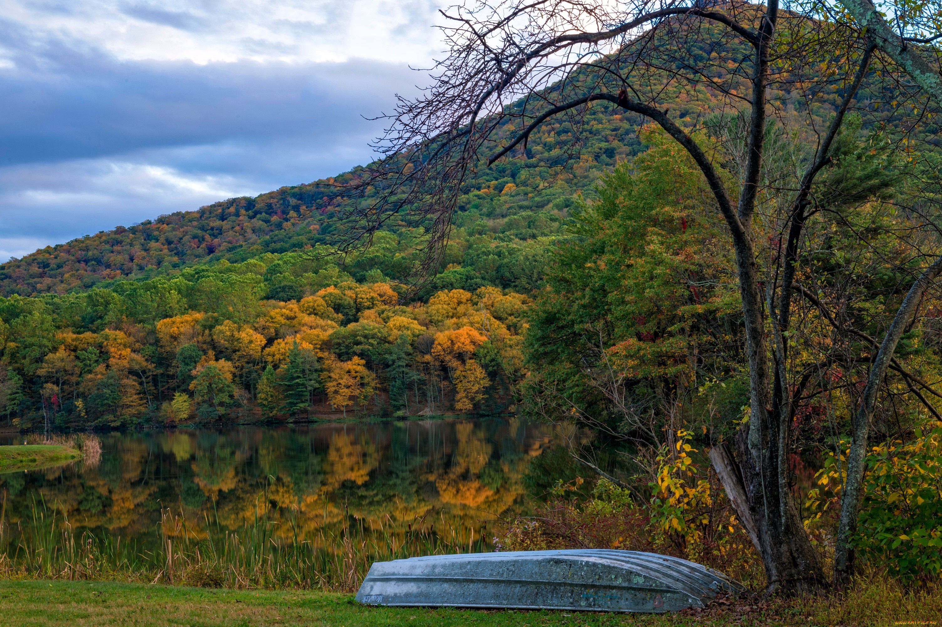 природа, реки, озера, лодка, озеро, отражение, гора, лес, деревья, осень