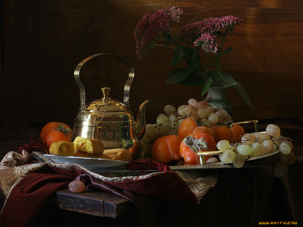 ира, быкова, натюрморт, фруктами, чайником, еда