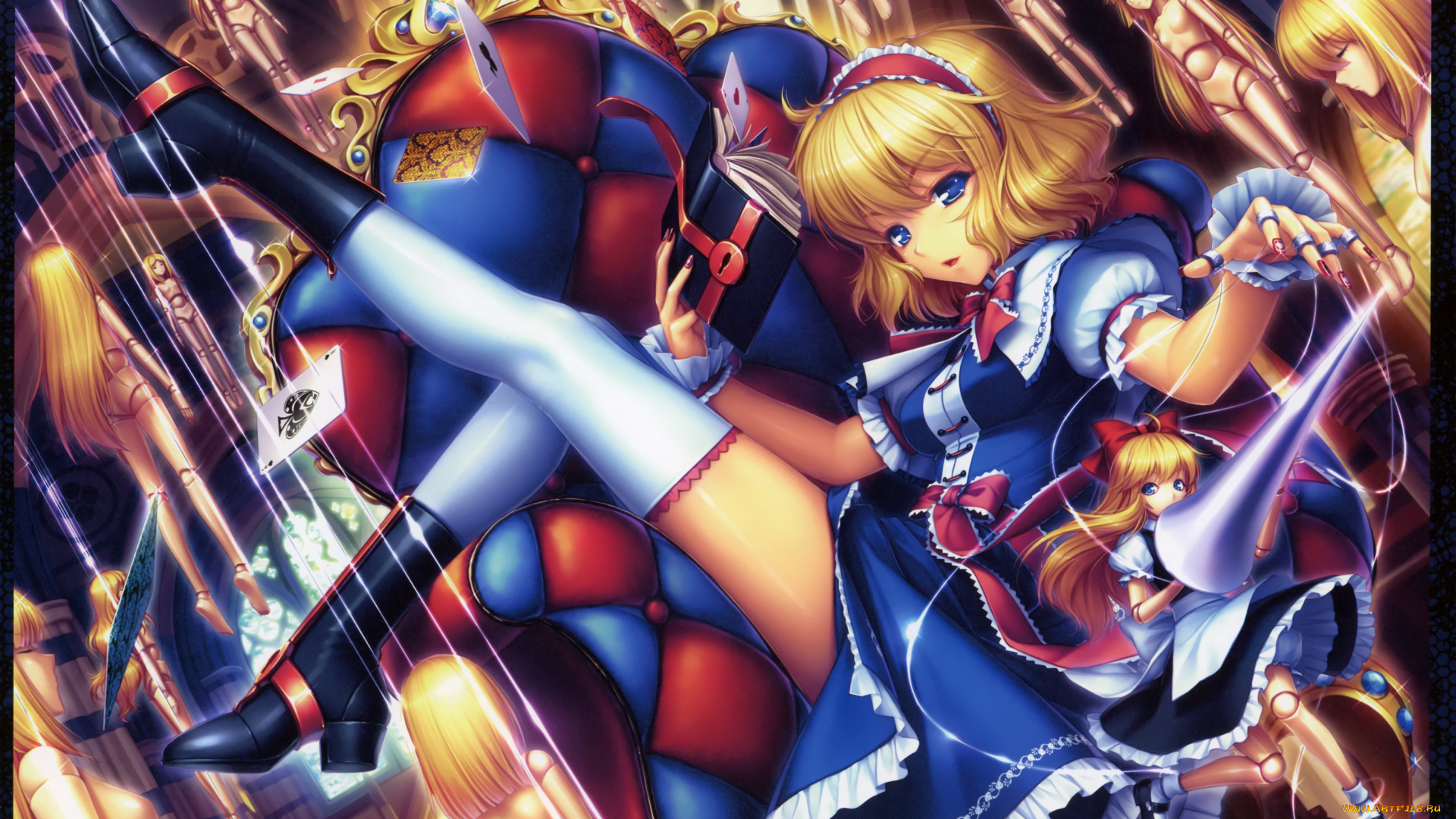 аниме, touhou, куклавод, алиса, девушка, кресло, книги, марионетки