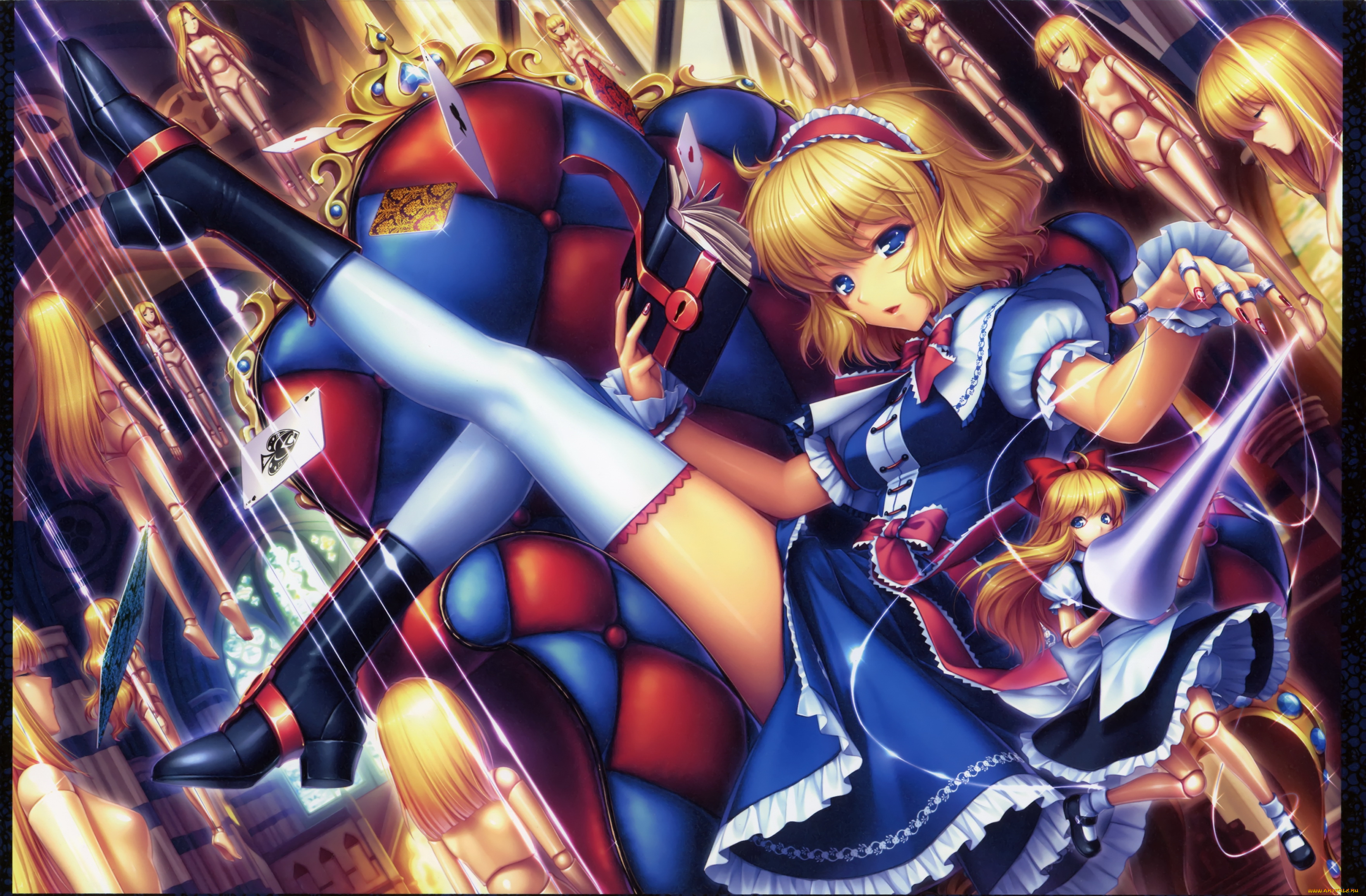 аниме, touhou, куклавод, алиса, девушка, кресло, книги, марионетки