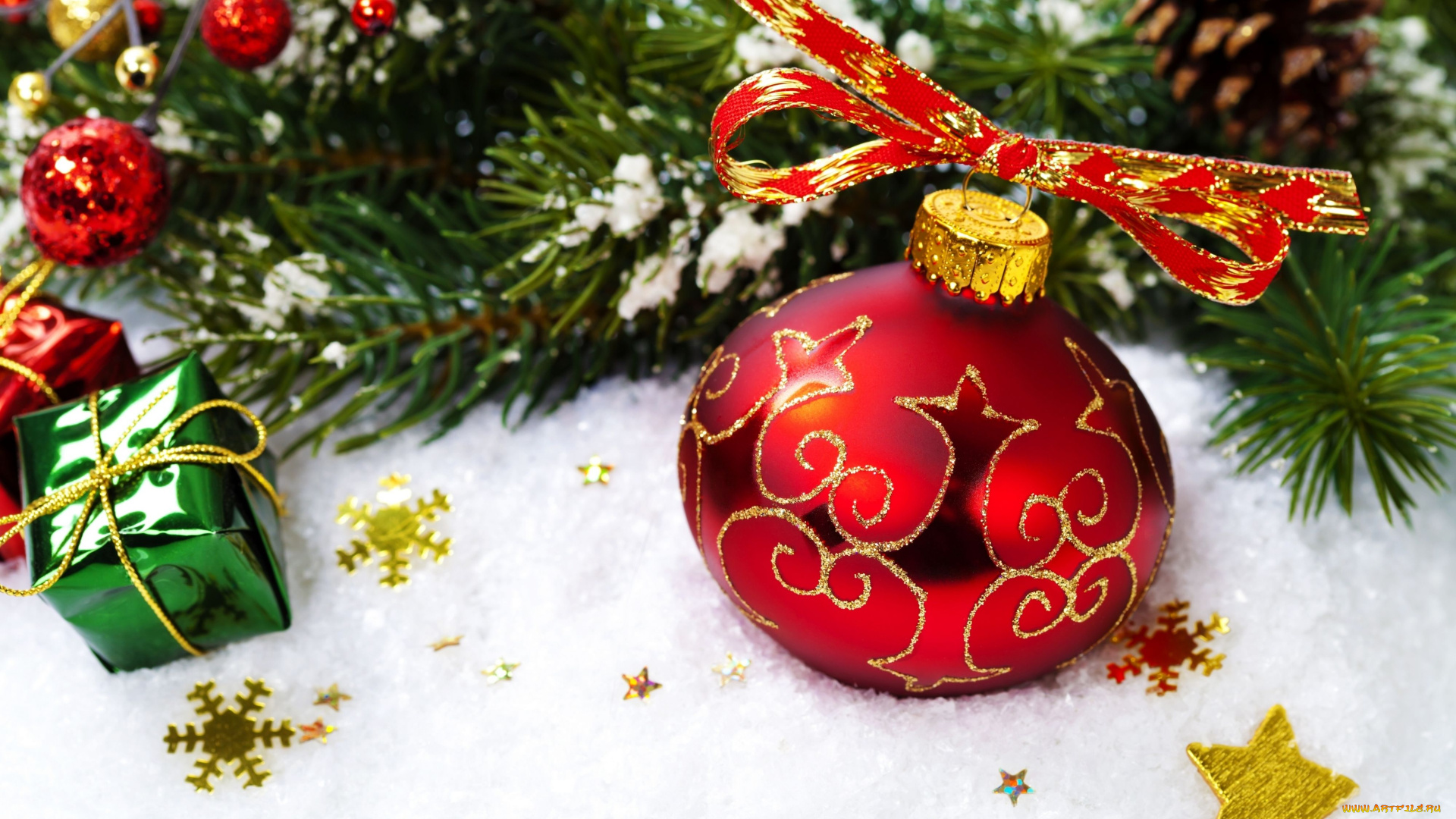 праздничные, шарики, снег