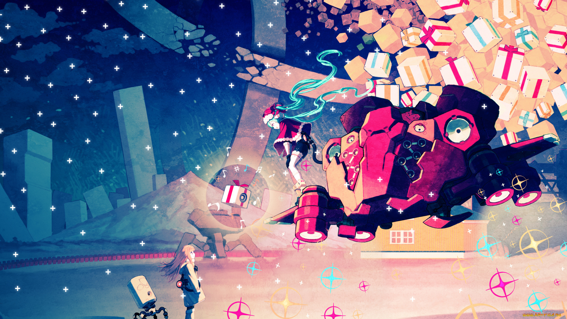 by, asgr, аниме, vocaloid, город, снег, ночь, winter, merry, chrismas, робот, свет, подарки, костюм, шапка, девушки, hatsune, miku, машина