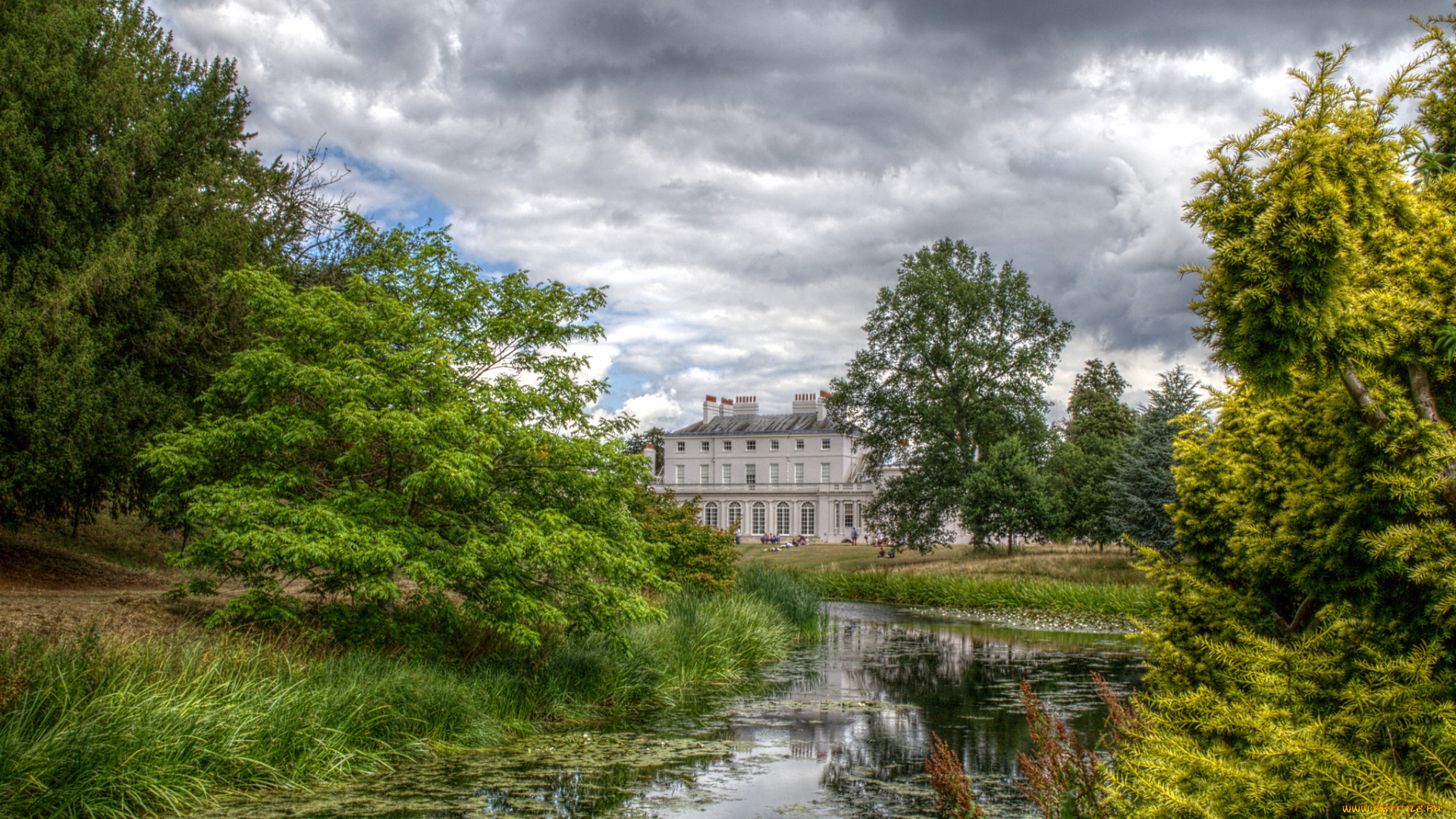 города, -, здания, , дома, особняк, тучи, лес, речка