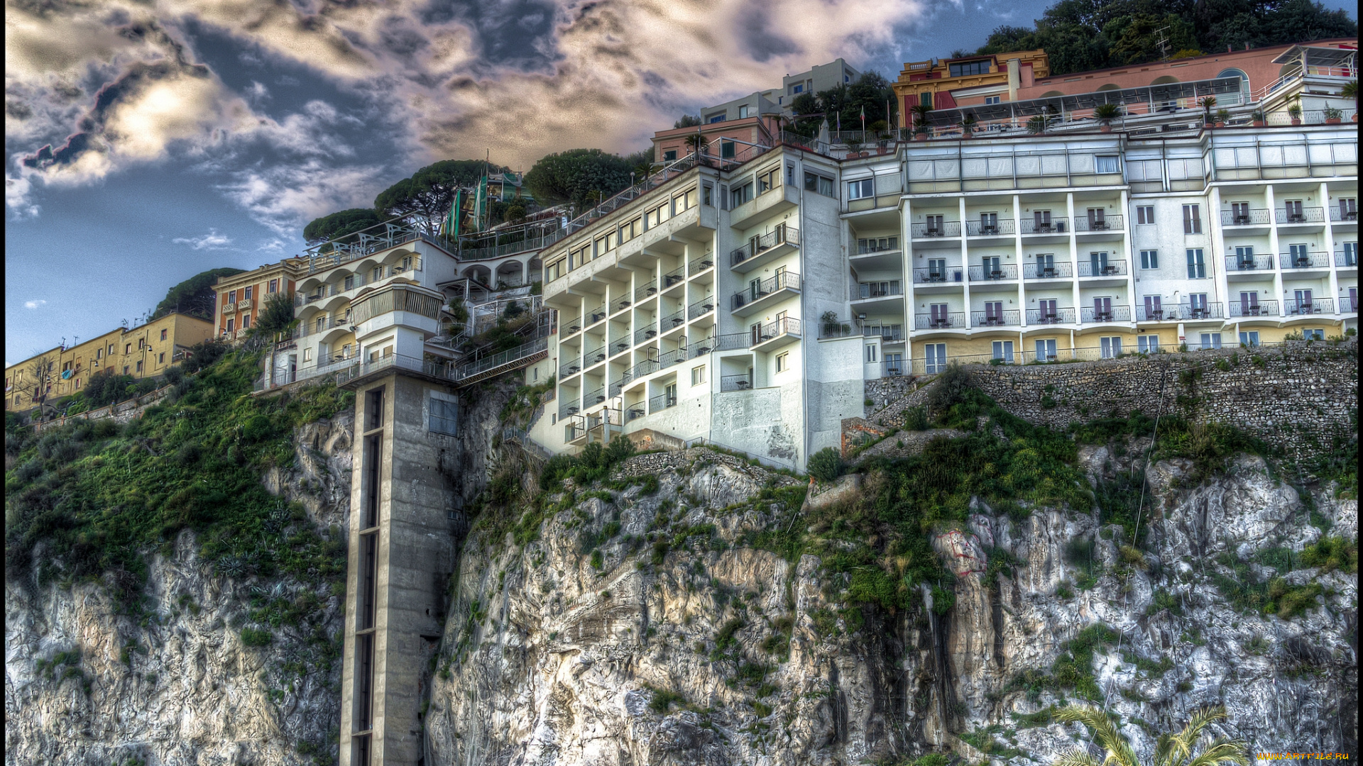 города, -, здания, , дома, здания, скала, обрыв, лифт