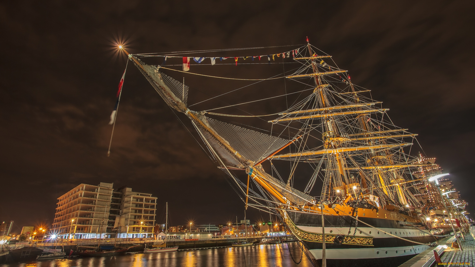 корабли, парусники, ночь, мачты