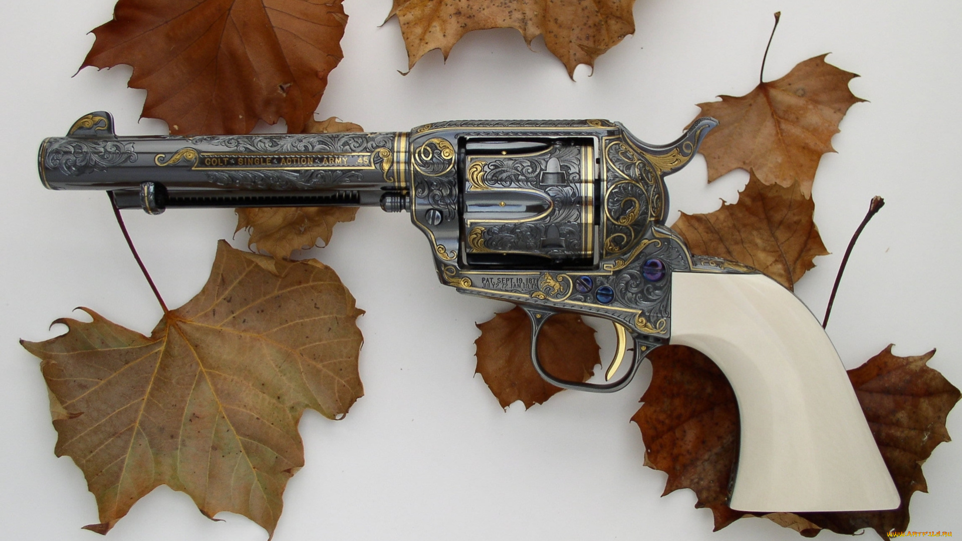 оружие, револьверы, листья