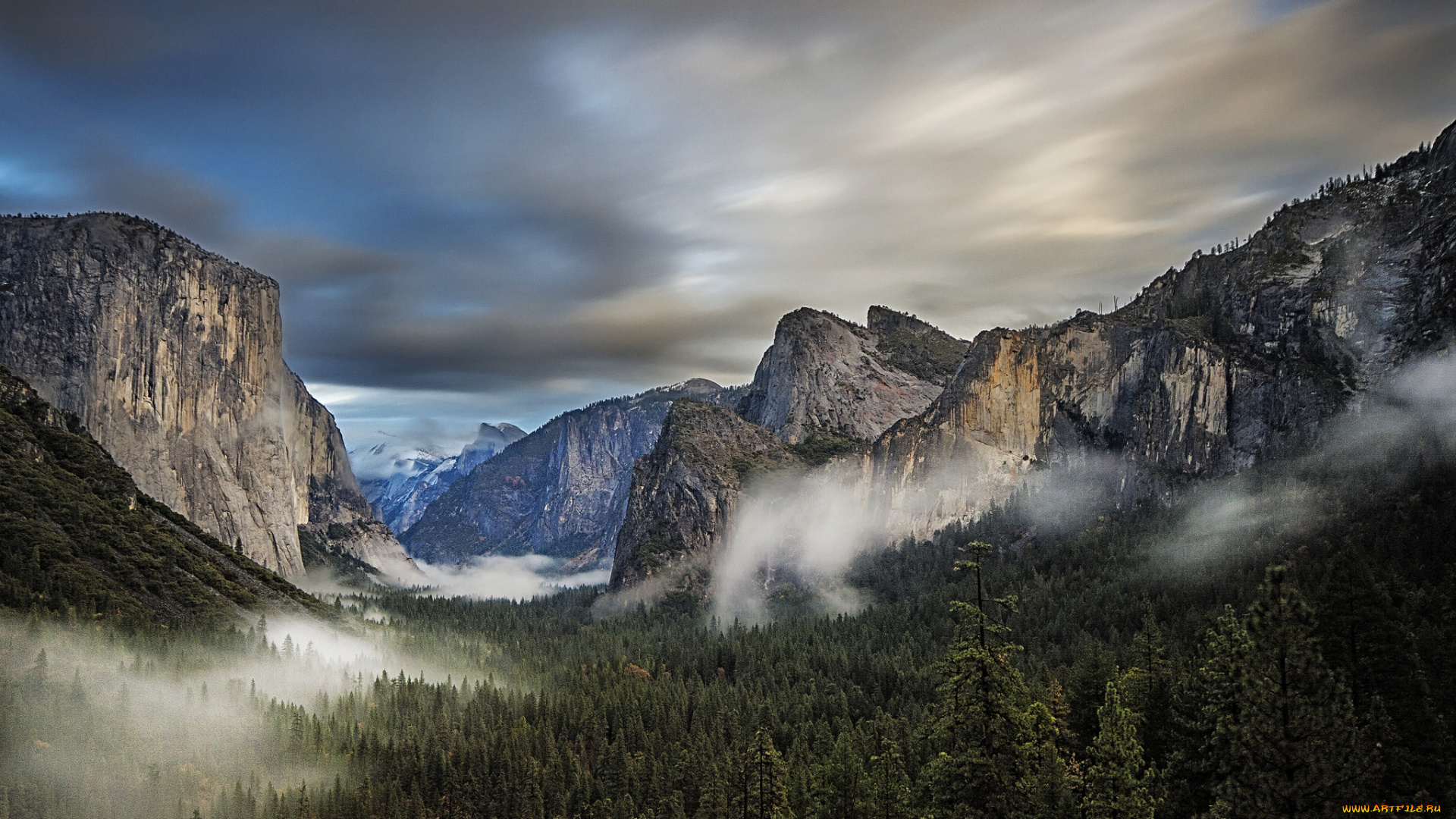 природа, горы, распадок, туман, тучи, лес