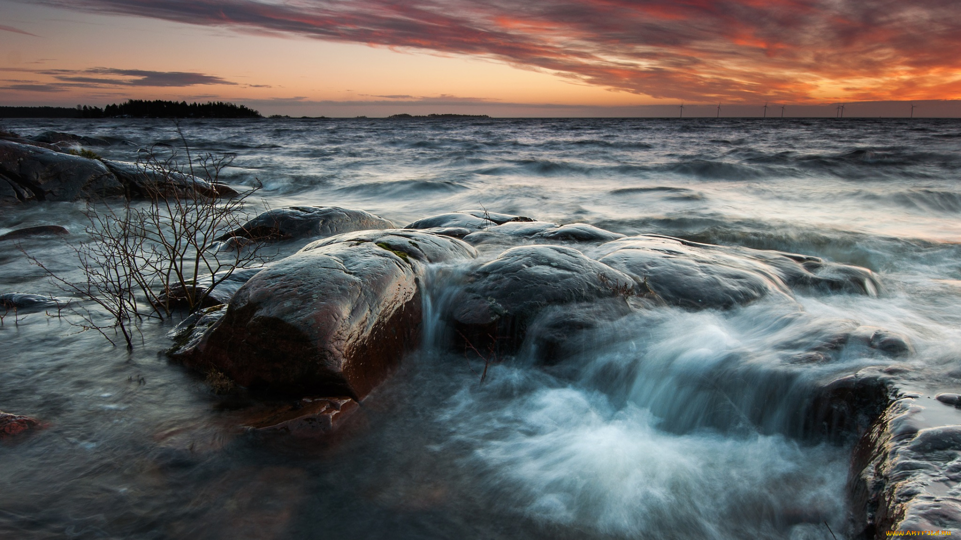 природа, побережье, тучи, горизонт, волны, камни, океан