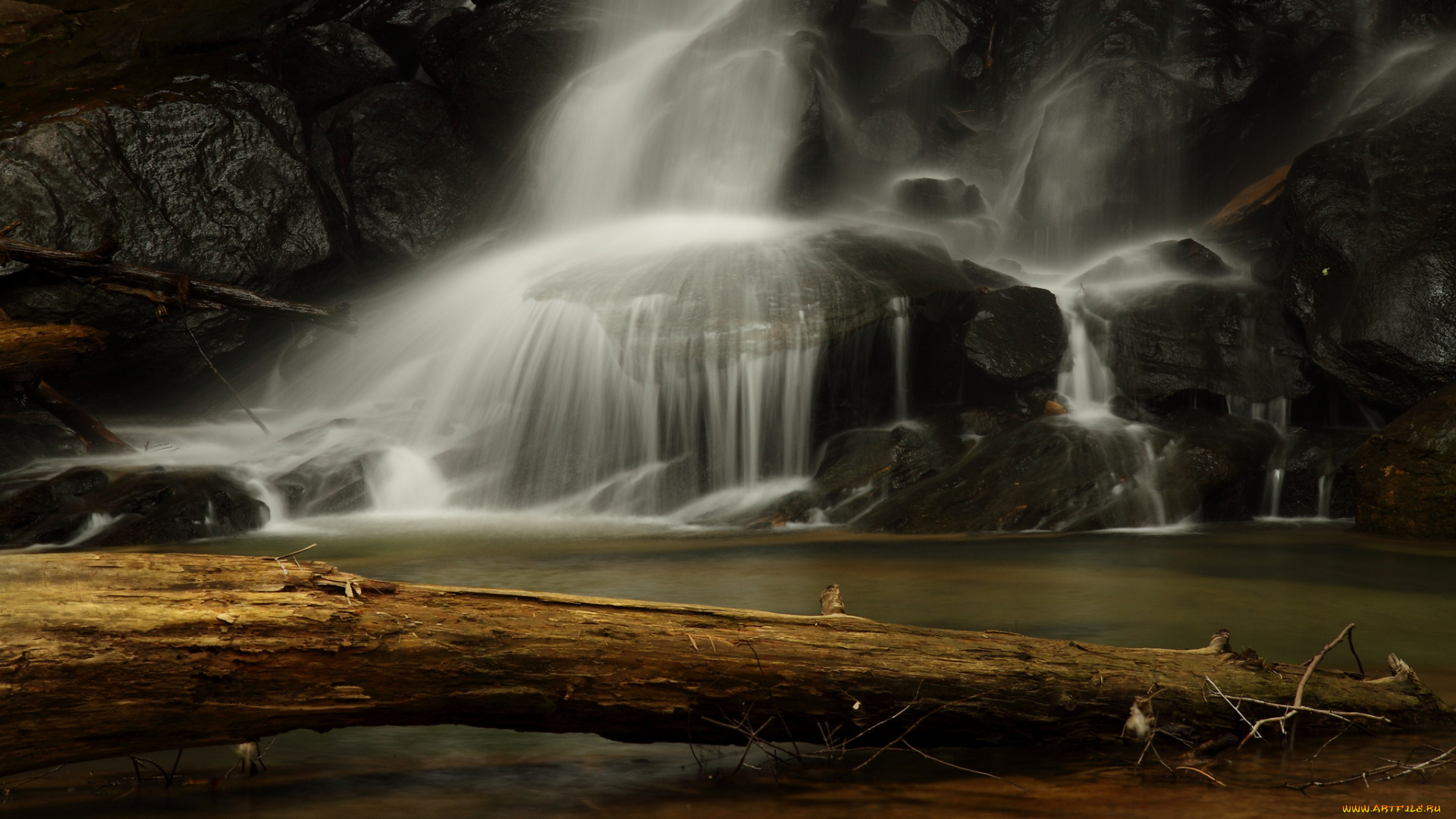 природа, водопады, бревно, скалы, река, водопад
