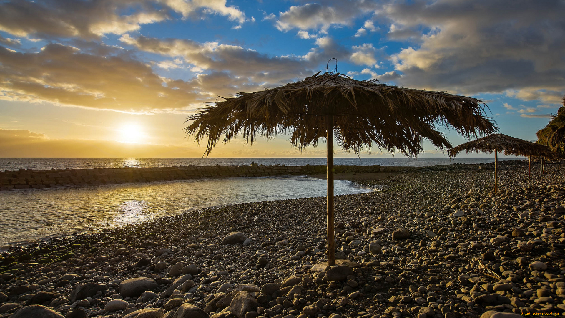 природа, восходы, закаты, галька, пляж, океан, навес, солнце, горизонт