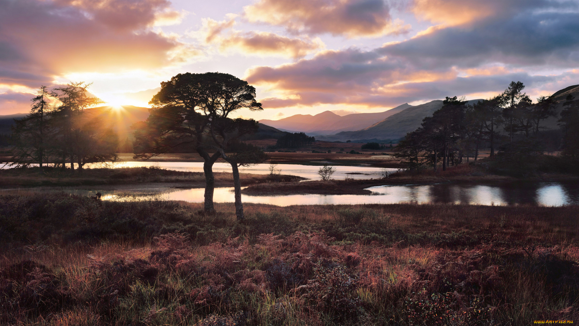 природа, восходы, закаты, горы, тучи, долина, солнце, деревья, река