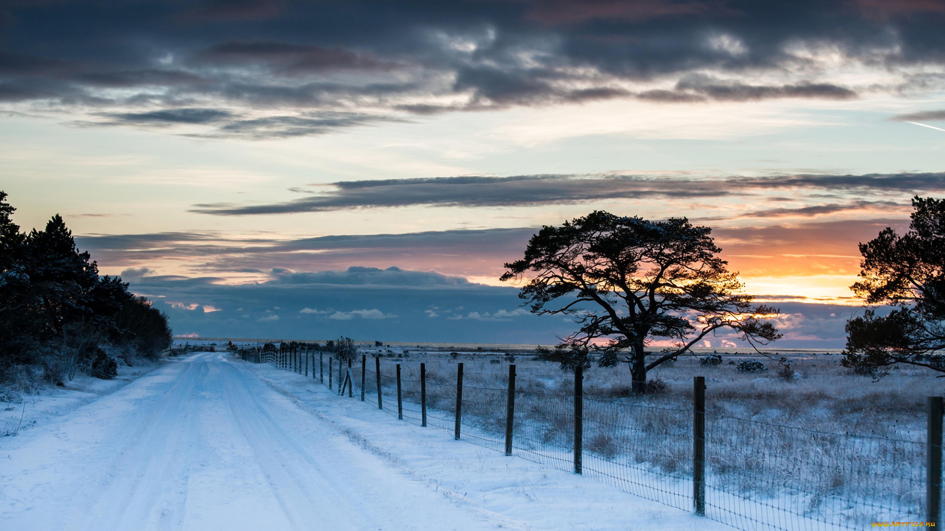 природа, зима, дорога, забор, снег, сумерки