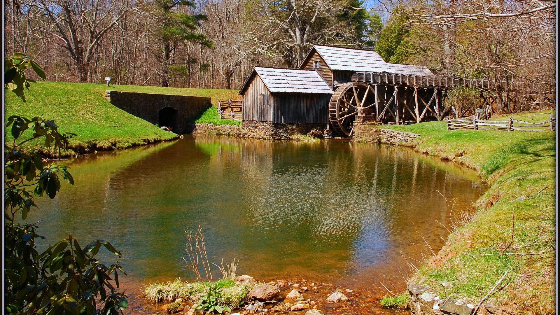 разное, мельницы, дорога, мост, река, мельница, лес
