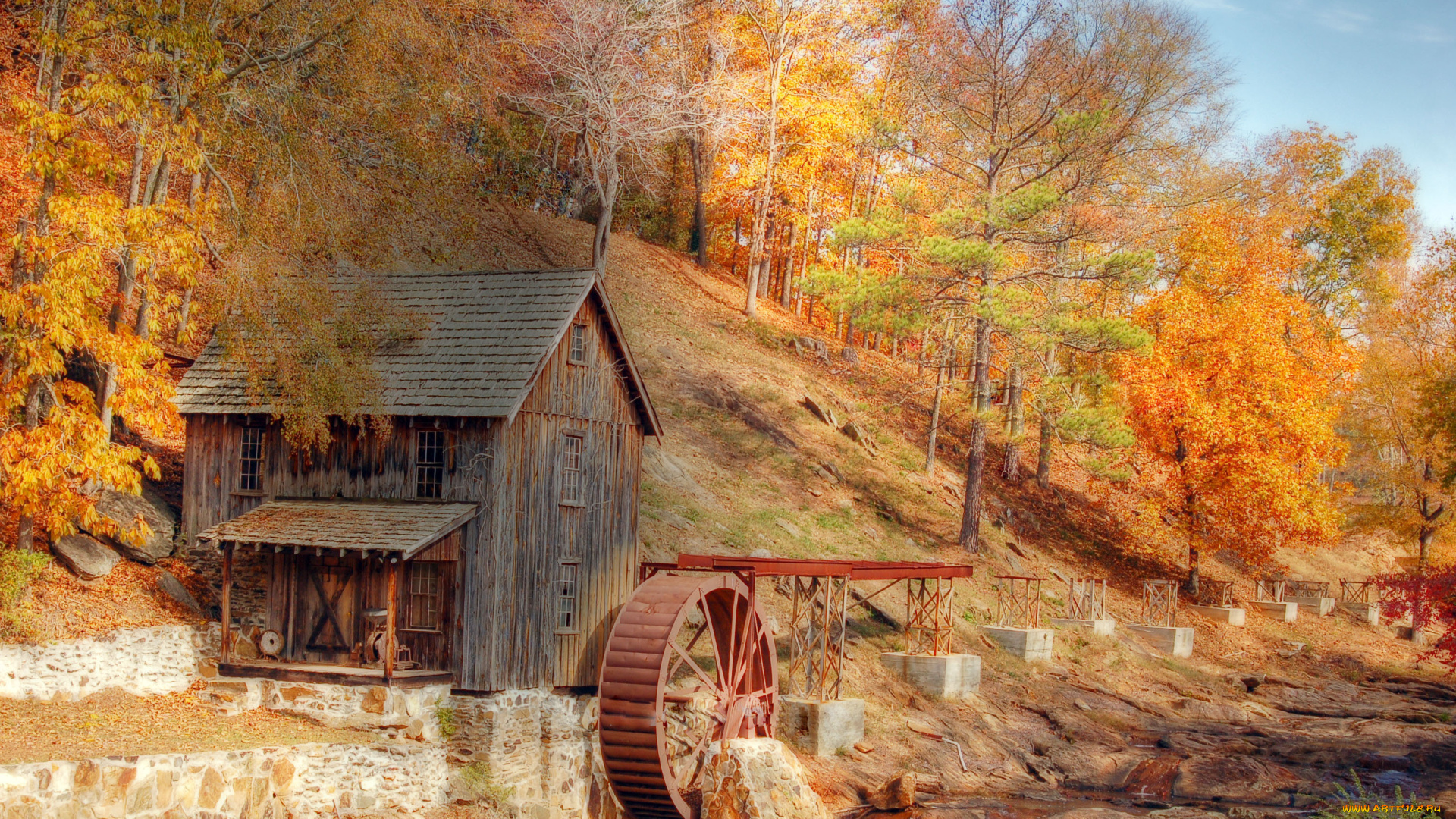 разное, мельницы, мельница, ручей, лес, склон, осень