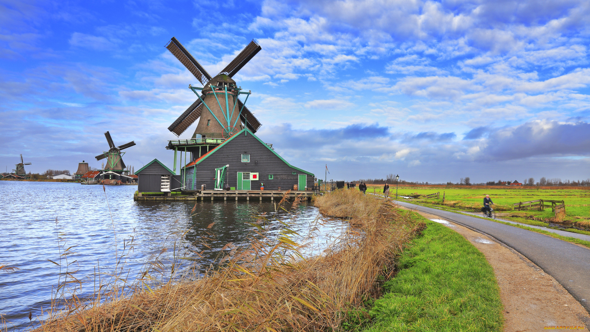 разное, мельницы, река, поле, дорога, мельница