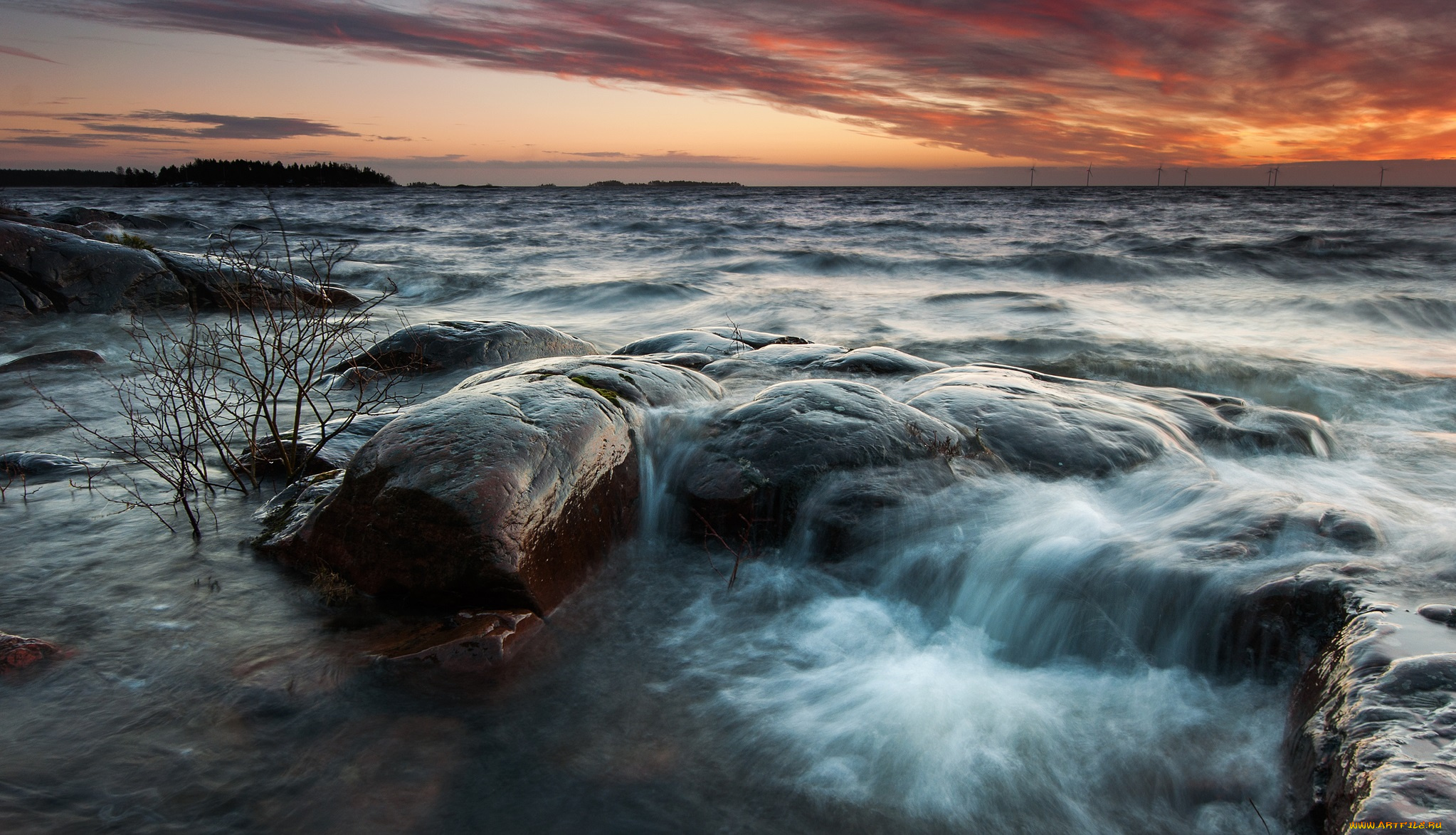 природа, побережье, тучи, горизонт, волны, камни, океан