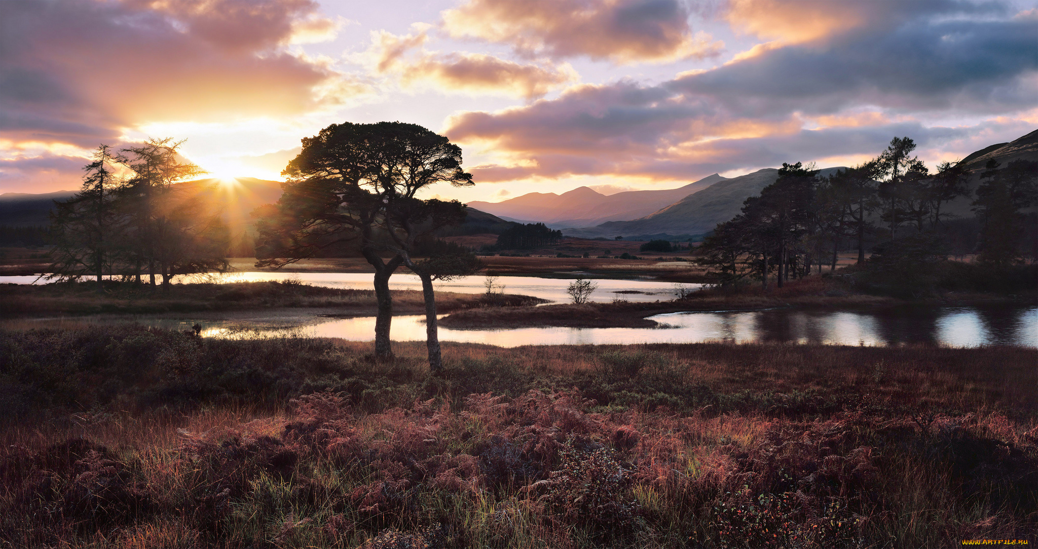 природа, восходы, закаты, горы, тучи, долина, солнце, деревья, река