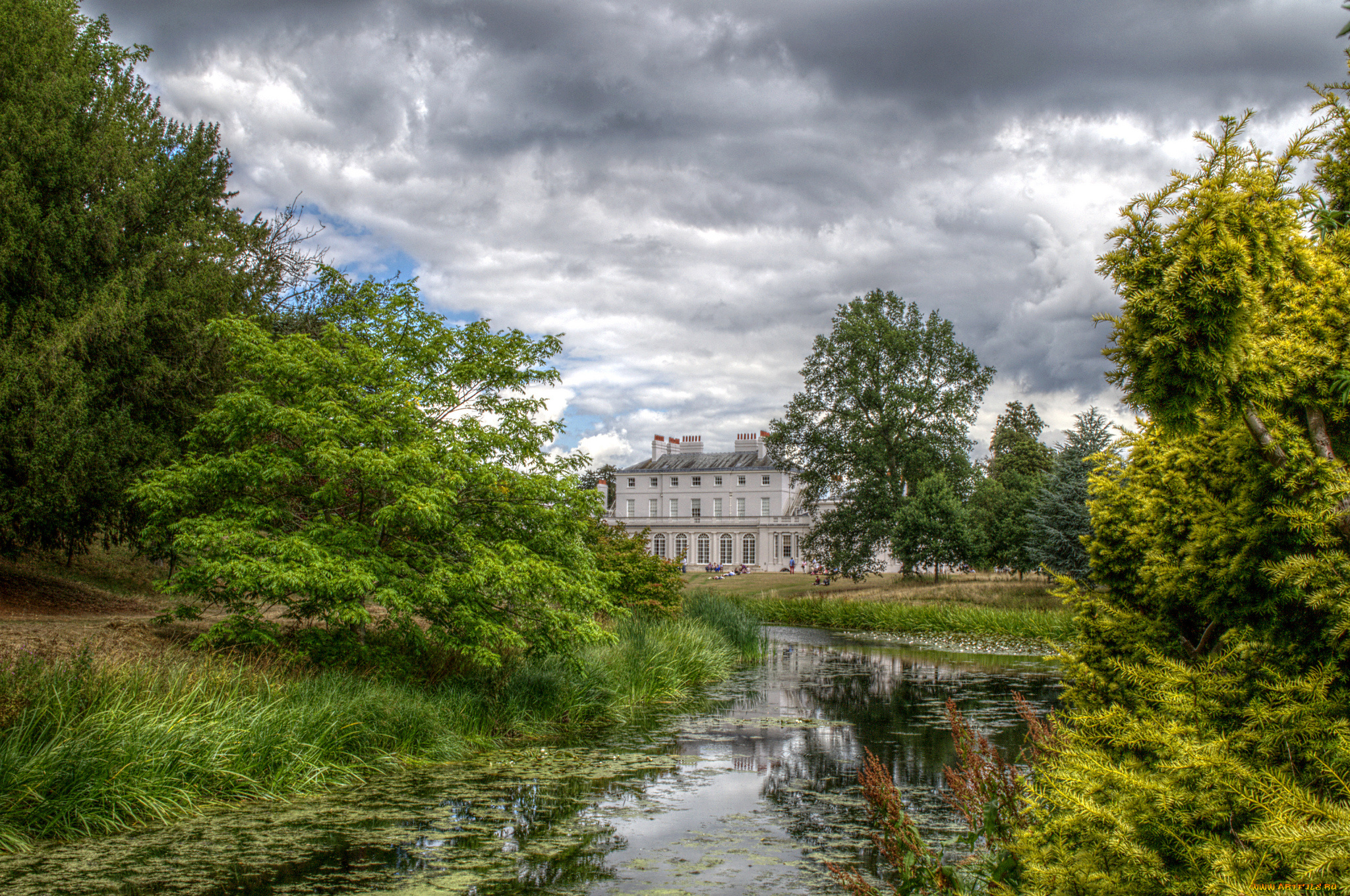 города, -, здания, , дома, особняк, тучи, лес, речка