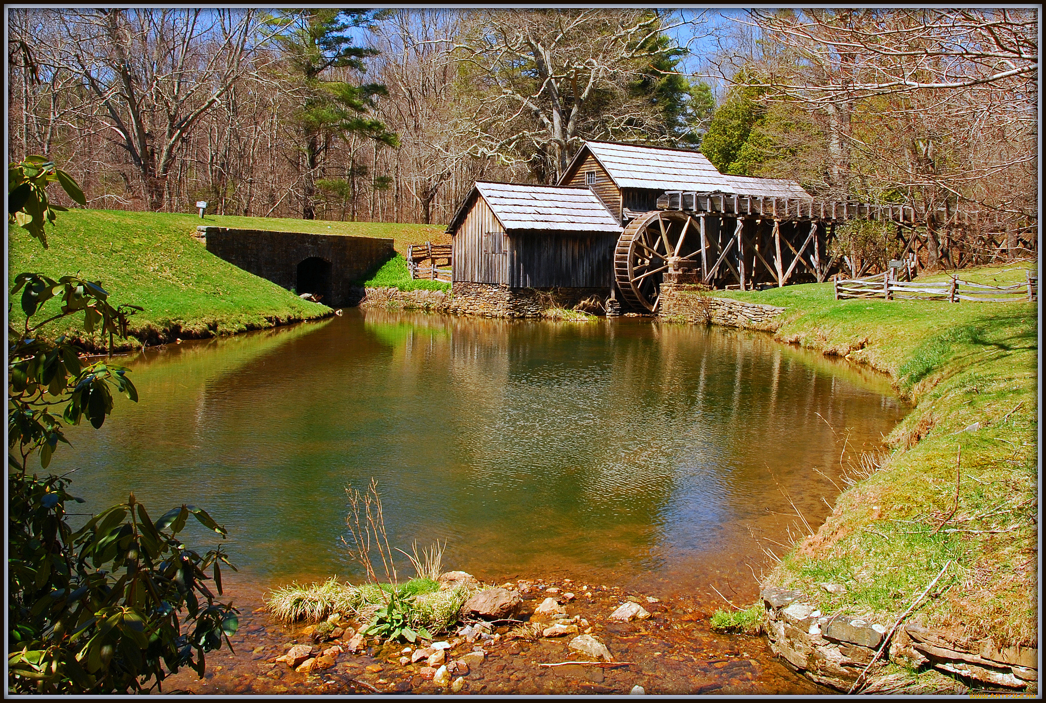 разное, мельницы, дорога, мост, река, мельница, лес